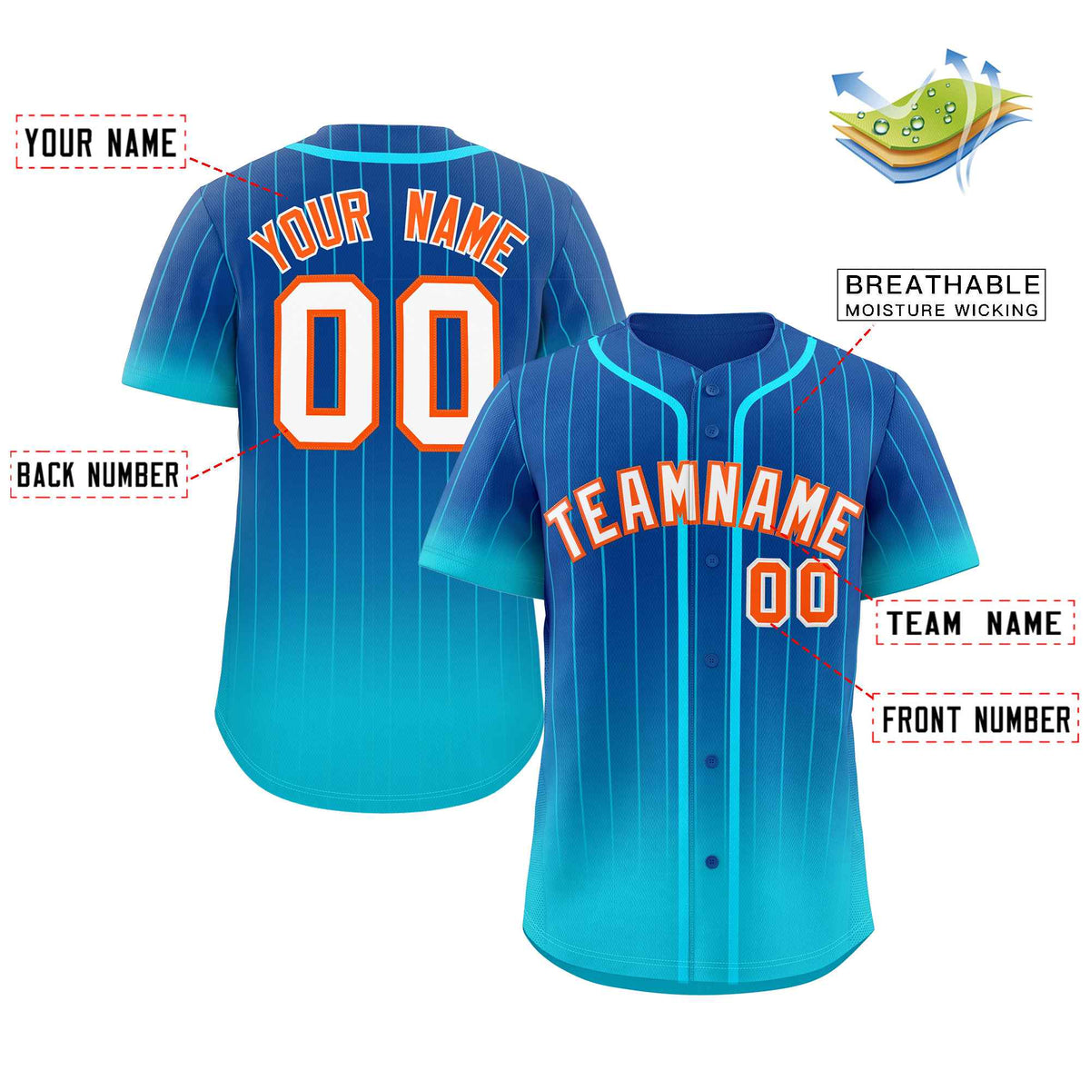 Benutzerdefinierte Royal Sky Blau-Orange Gradienten Streifen Mode Authentische Baseball Jersey