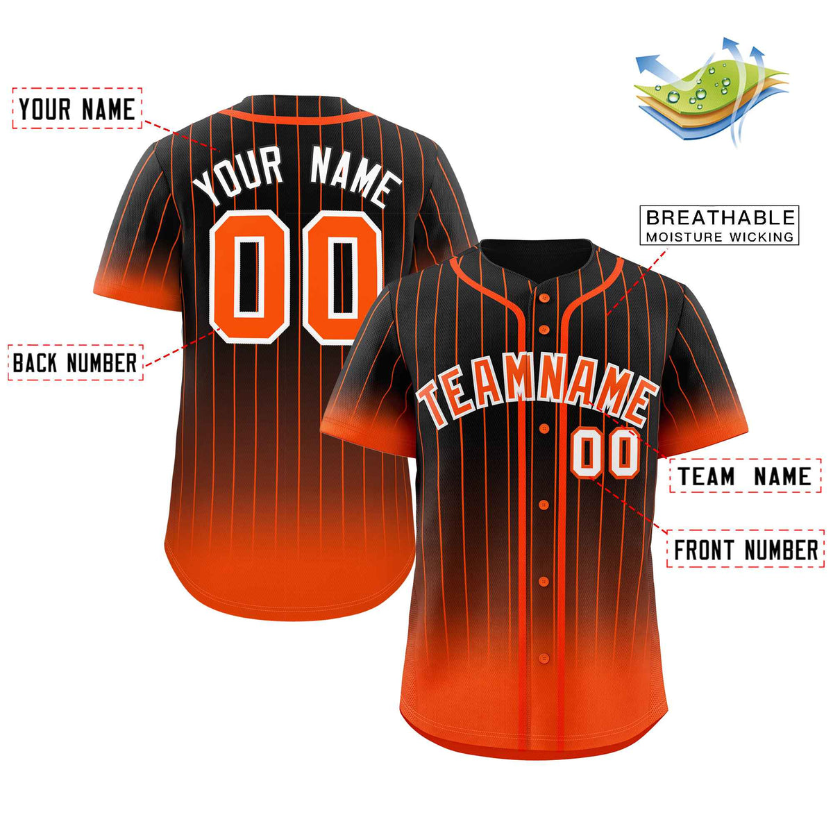 Benutzerdefinierte Schwarz Orange-Weiß Gradienten Streifen Mode Authentische Baseball Jersey