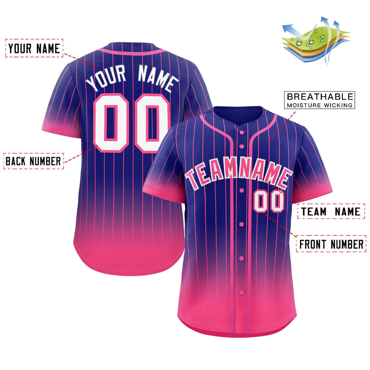 Benutzerdefinierte Lila Rosa-Weiß Gradienten Streifen Mode Authentische Baseball Jersey