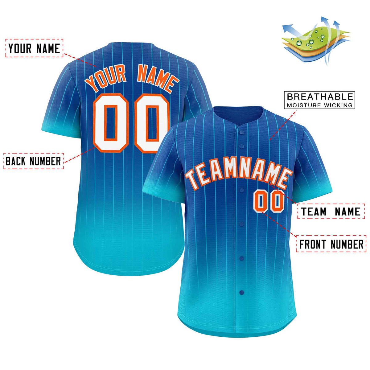 Maillot de baseball authentique à rayures dégradées bleu ciel et orange royal personnalisé