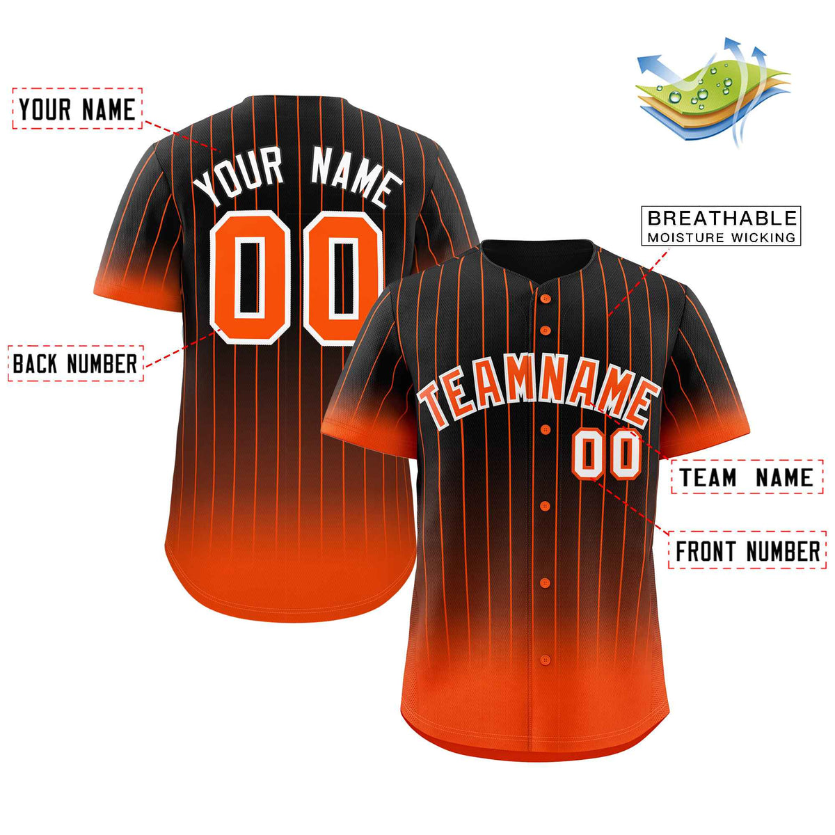Benutzerdefinierte Schwarz Orange-Weiß Gradienten Streifen Mode Authentische Baseball Jersey