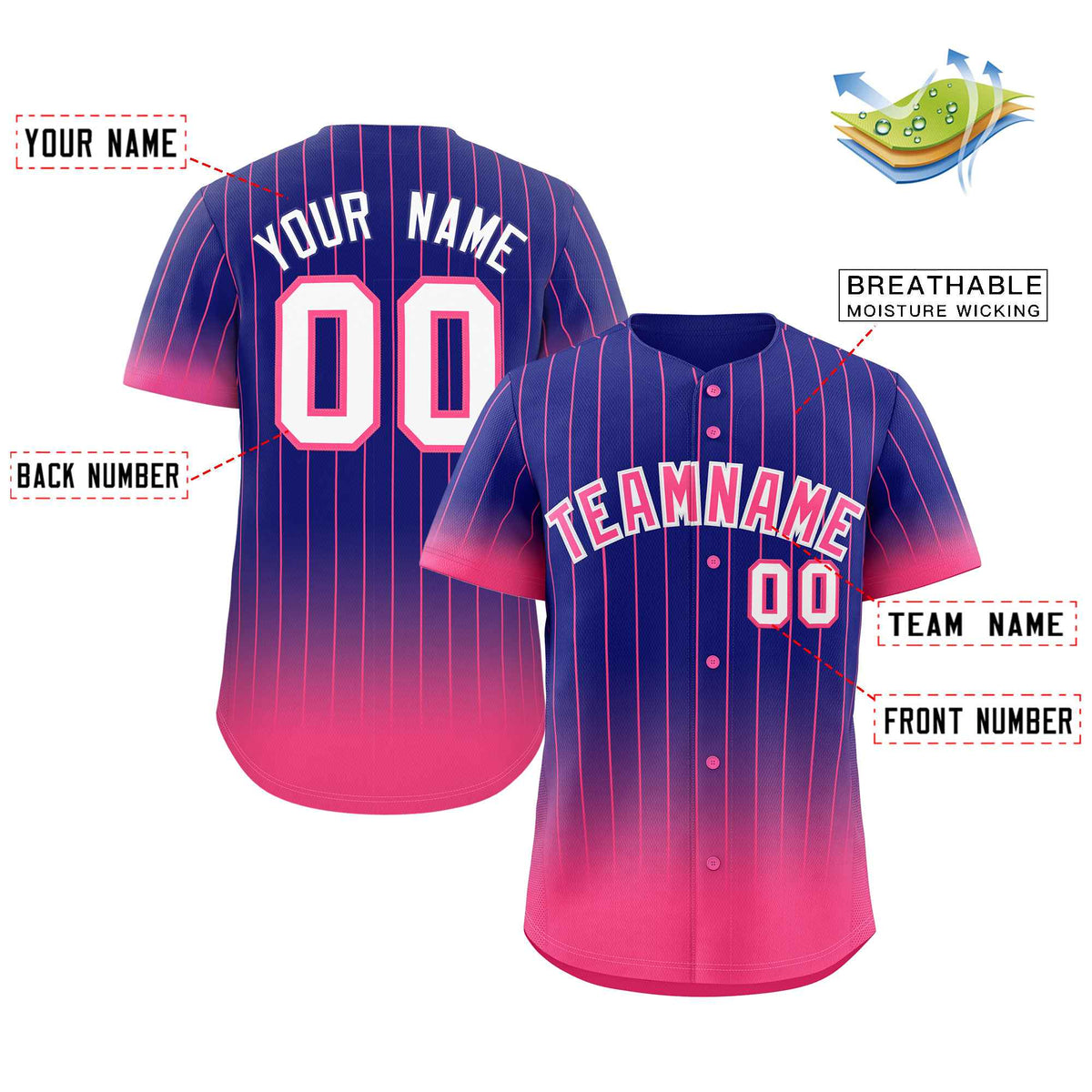 Benutzerdefinierte Lila Rosa-Weiß Gradienten Streifen Mode Authentische Baseball Jersey