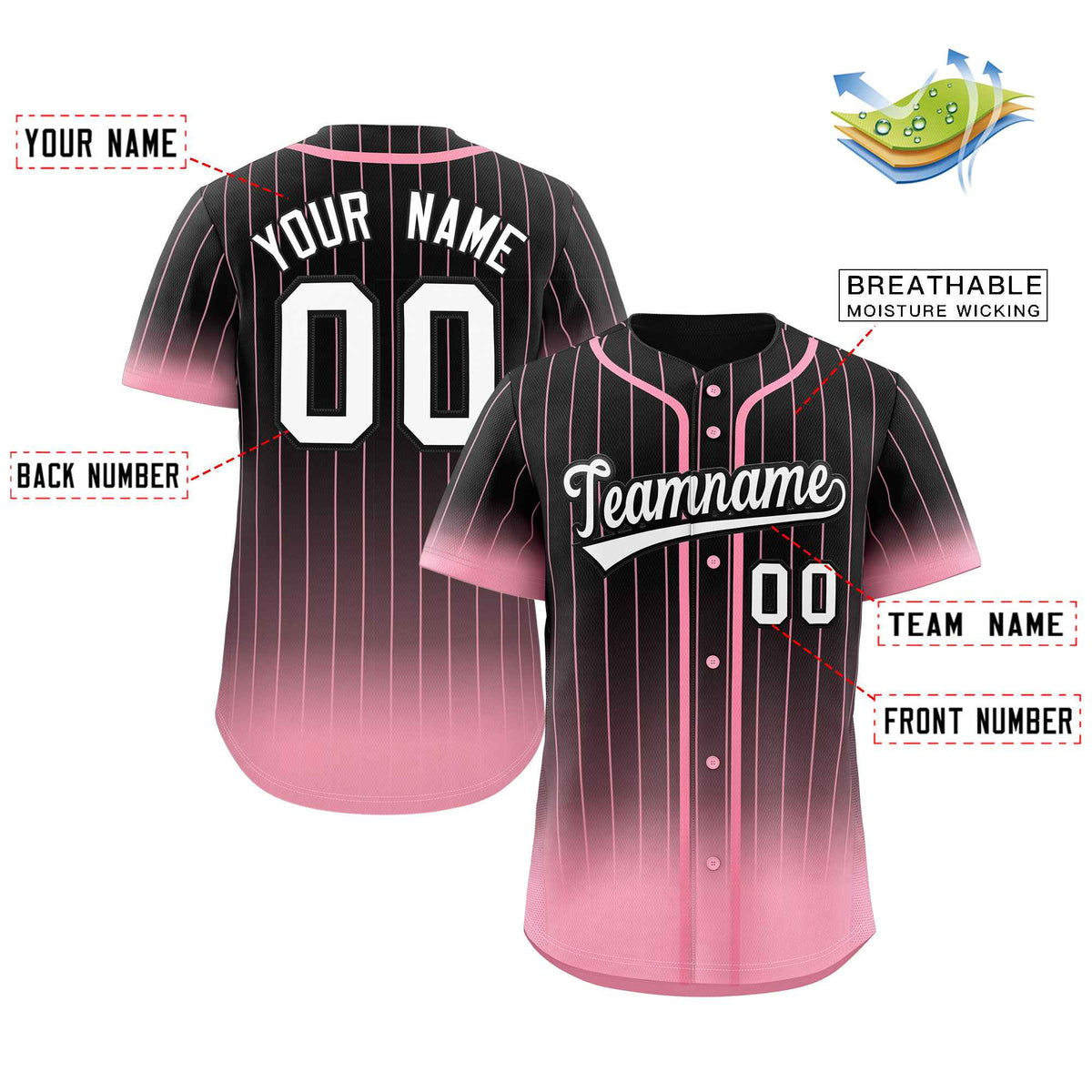 Benutzerdefinierte Schwarz Rosa-Weiß Gradienten Streifen Mode Authentische Baseball Jersey