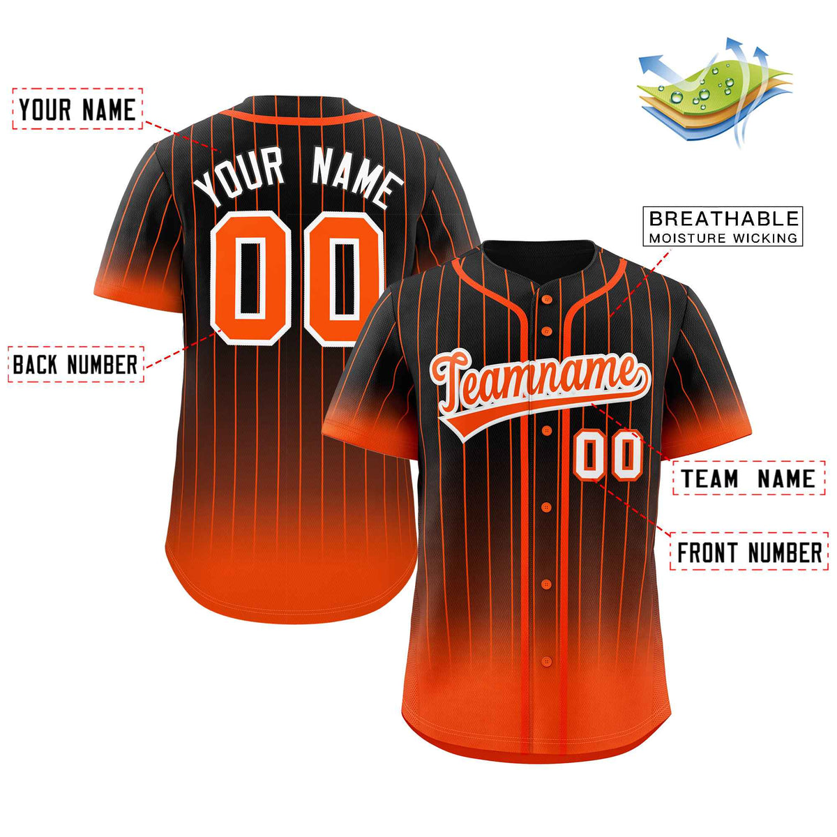 Benutzerdefinierte Schwarz Orange-Weiß Gradienten Streifen Mode Authentische Baseball Jersey