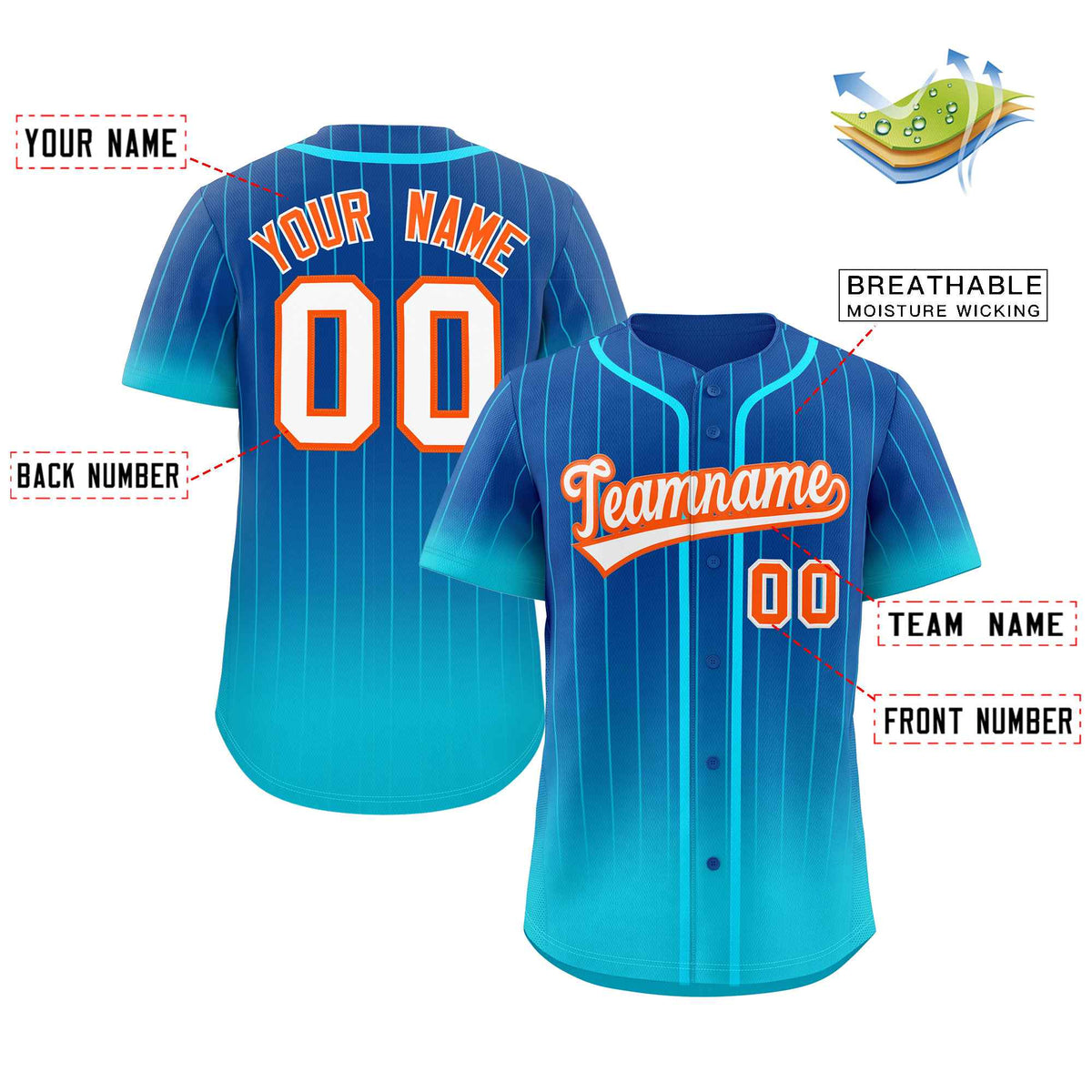Benutzerdefinierte Royal Sky Blau-Orange Gradienten Streifen Mode Authentische Baseball Jersey