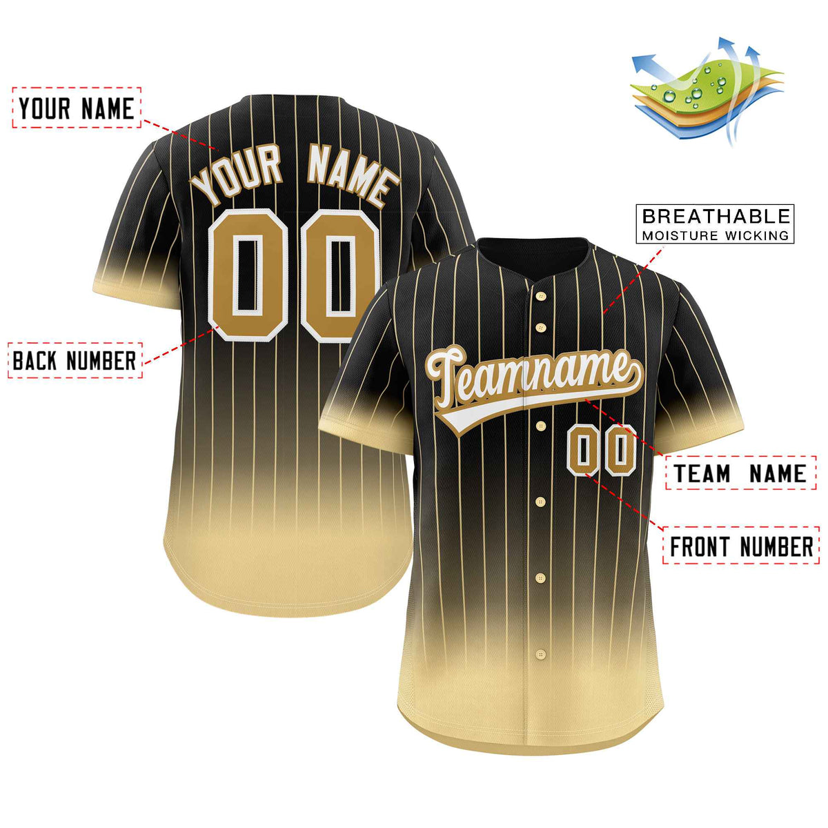Benutzerdefinierte schwarz khaki-weiß Gradienten Streifen Mode authentische Baseball Jersey
