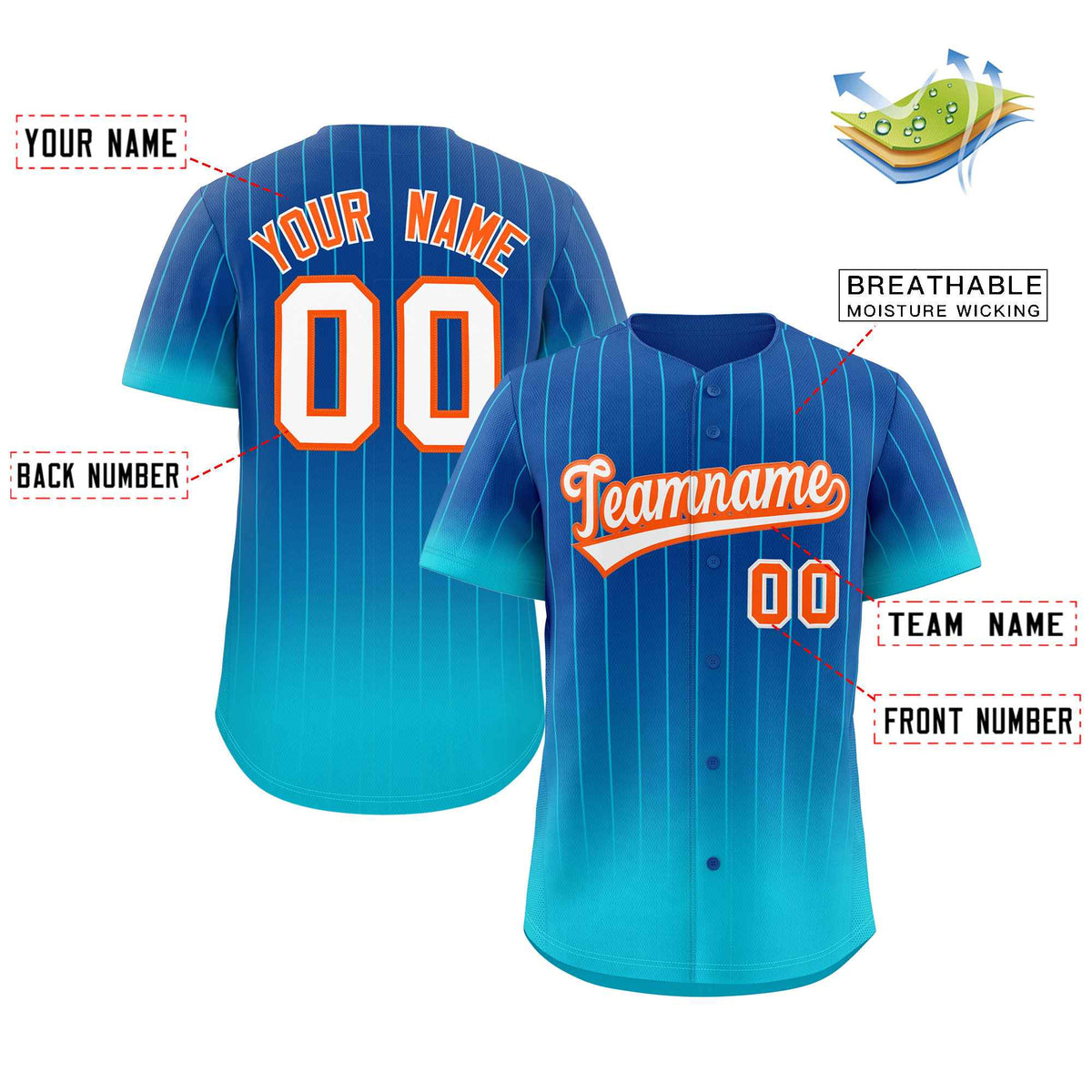 Maillot de baseball authentique à rayures dégradées bleu ciel et orange royal personnalisé