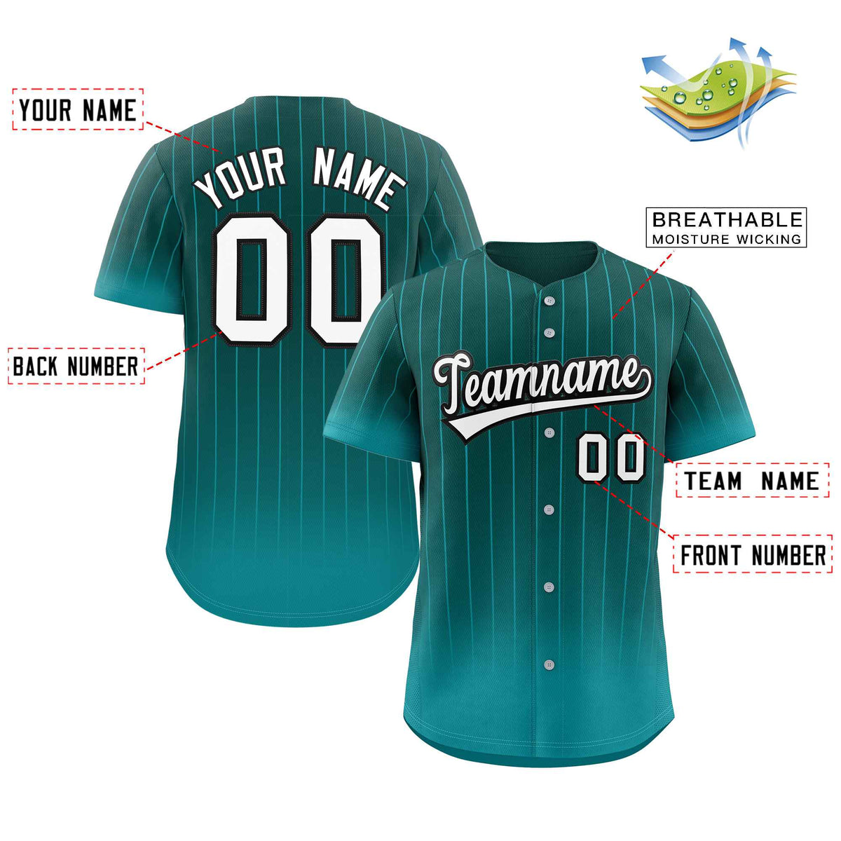 Maillot de baseball authentique à rayures dégradées blanc-noir Aqua personnalisé