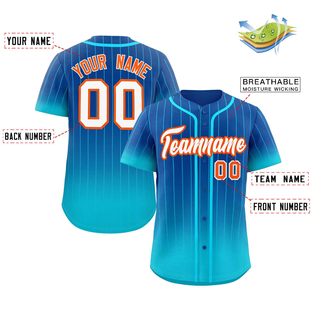 Benutzerdefinierte Royal Sky Blau-Orange Gradienten Streifen Mode Authentische Baseball Jersey