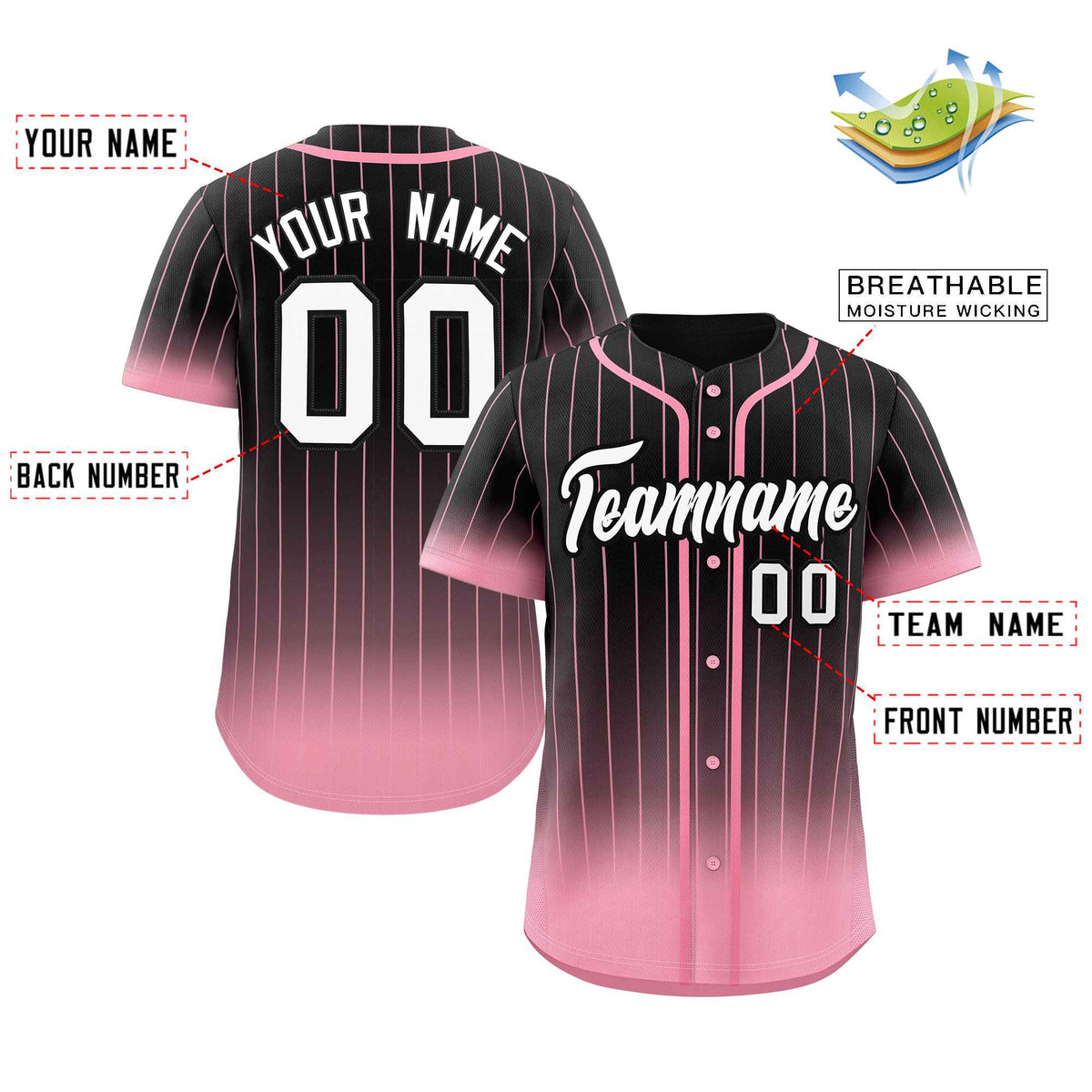 Benutzerdefinierte Schwarz Rosa-Weiß Gradienten Streifen Mode Authentische Baseball Jersey