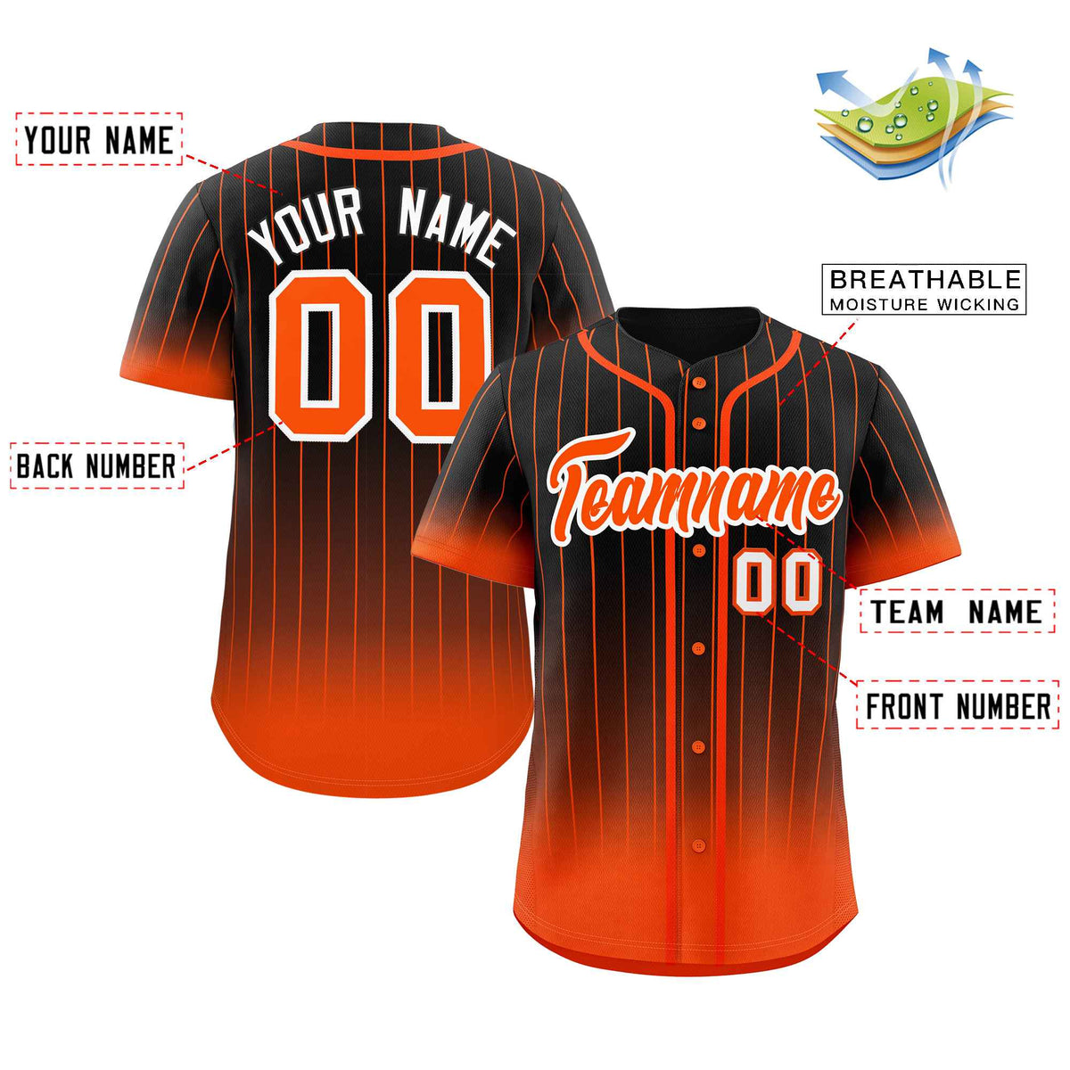 Benutzerdefinierte Schwarz Orange-Weiß Gradienten Streifen Mode Authentische Baseball Jersey