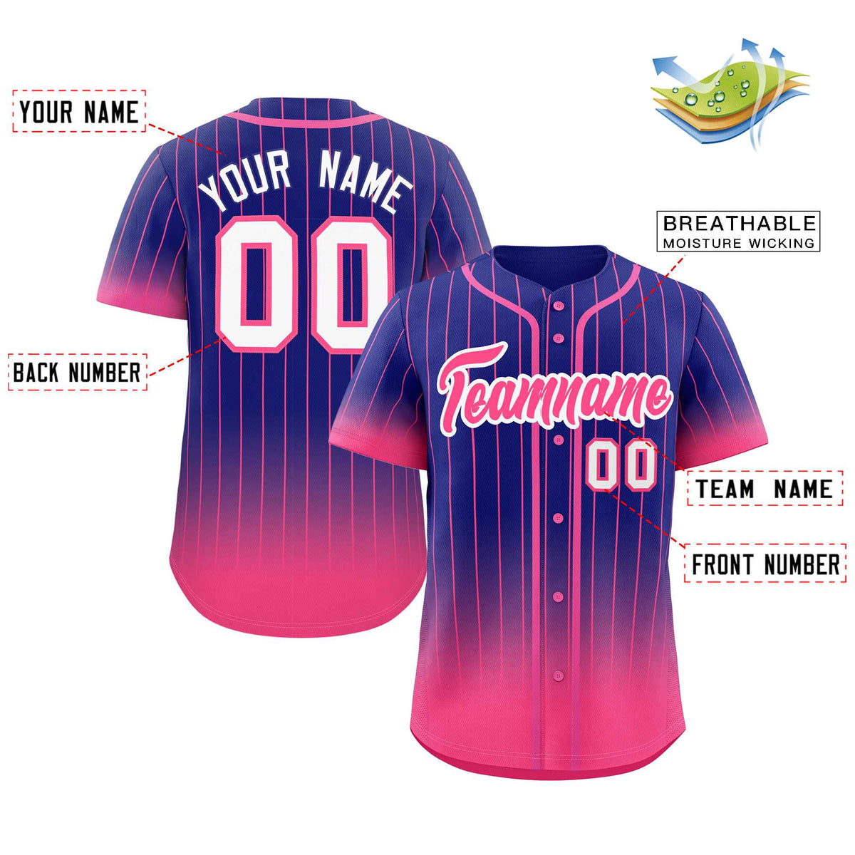 Benutzerdefinierte Lila Rosa-Weiß Gradienten Streifen Mode Authentische Baseball Jersey