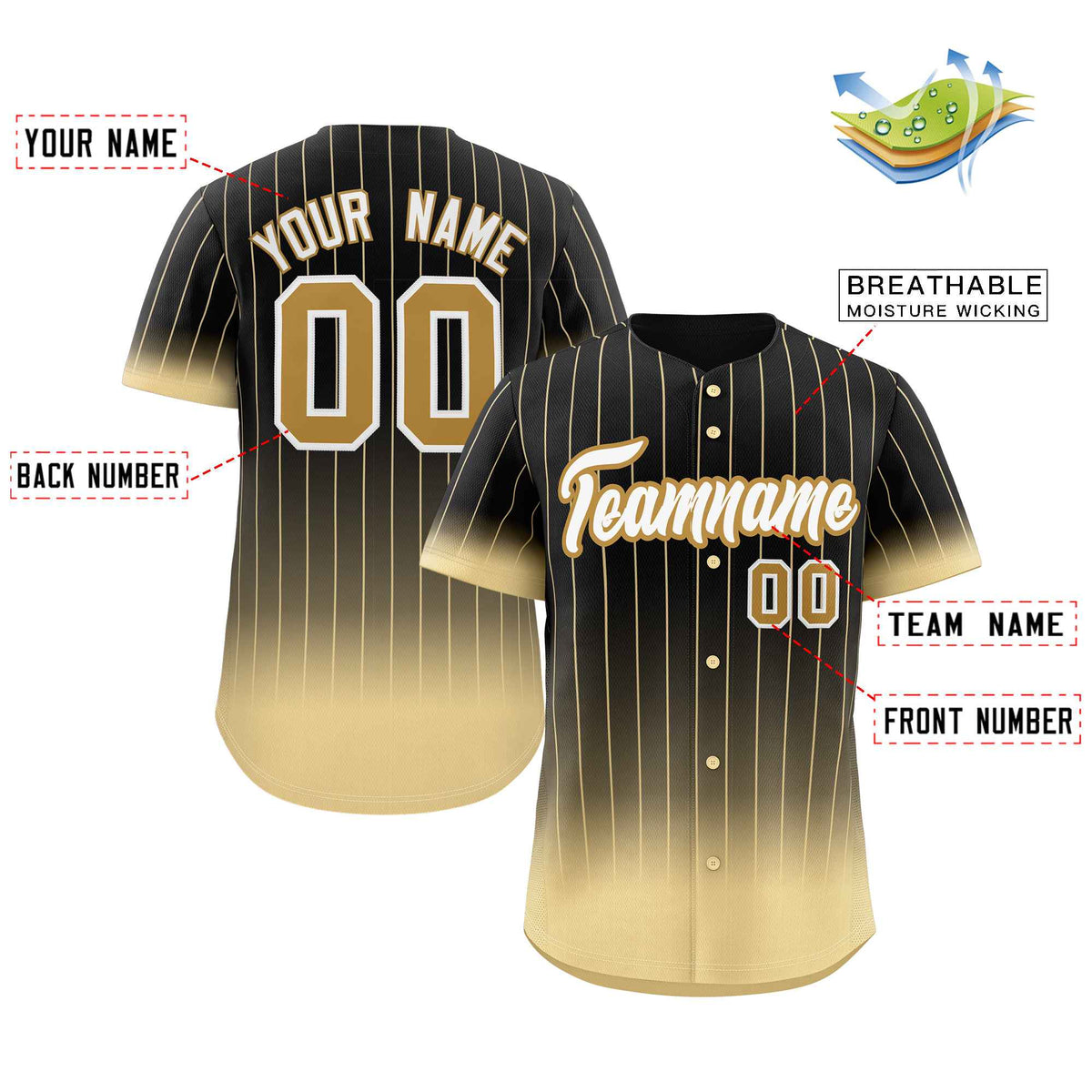 Benutzerdefinierte schwarz khaki-weiß Gradienten Streifen Mode authentische Baseball Jersey
