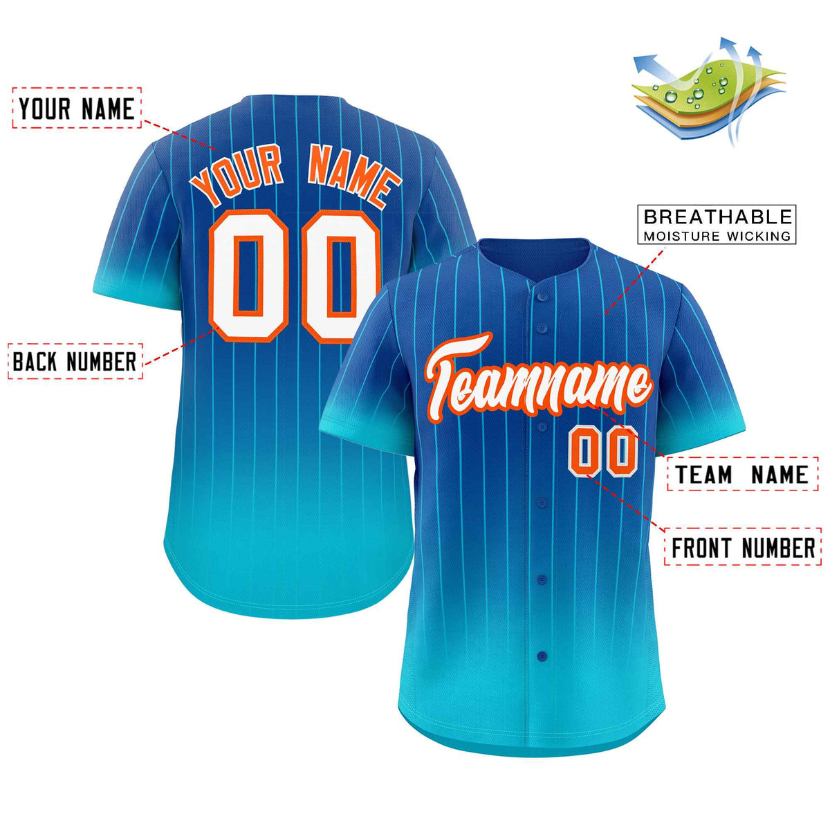 Maillot de baseball authentique à rayures dégradées bleu ciel et orange royal personnalisé