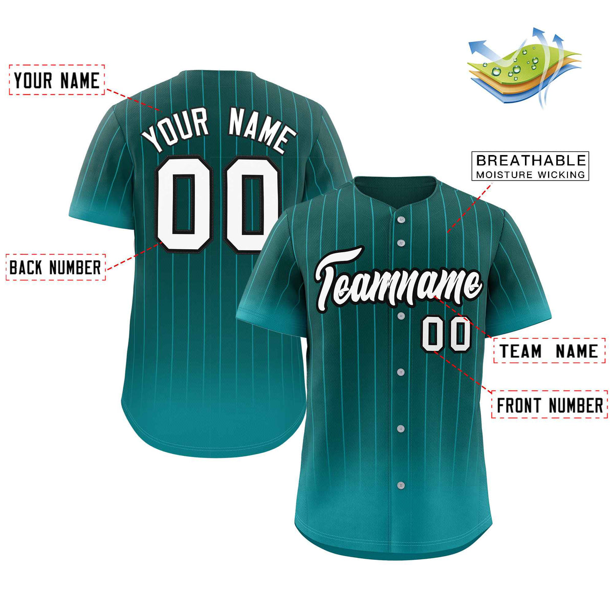 Maillot de baseball authentique à rayures dégradées blanc-noir Aqua personnalisé