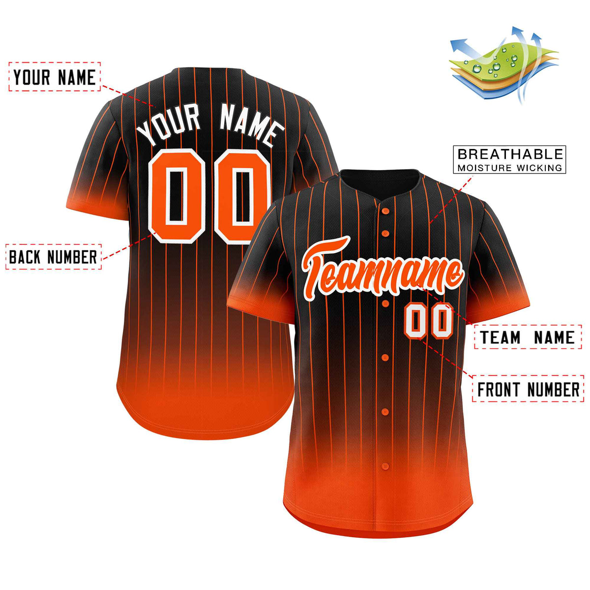 Benutzerdefinierte Schwarz Orange-Weiß Gradienten Streifen Mode Authentische Baseball Jersey