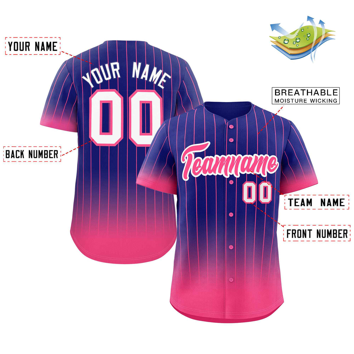 Benutzerdefinierte Lila Rosa-Weiß Gradienten Streifen Mode Authentische Baseball Jersey
