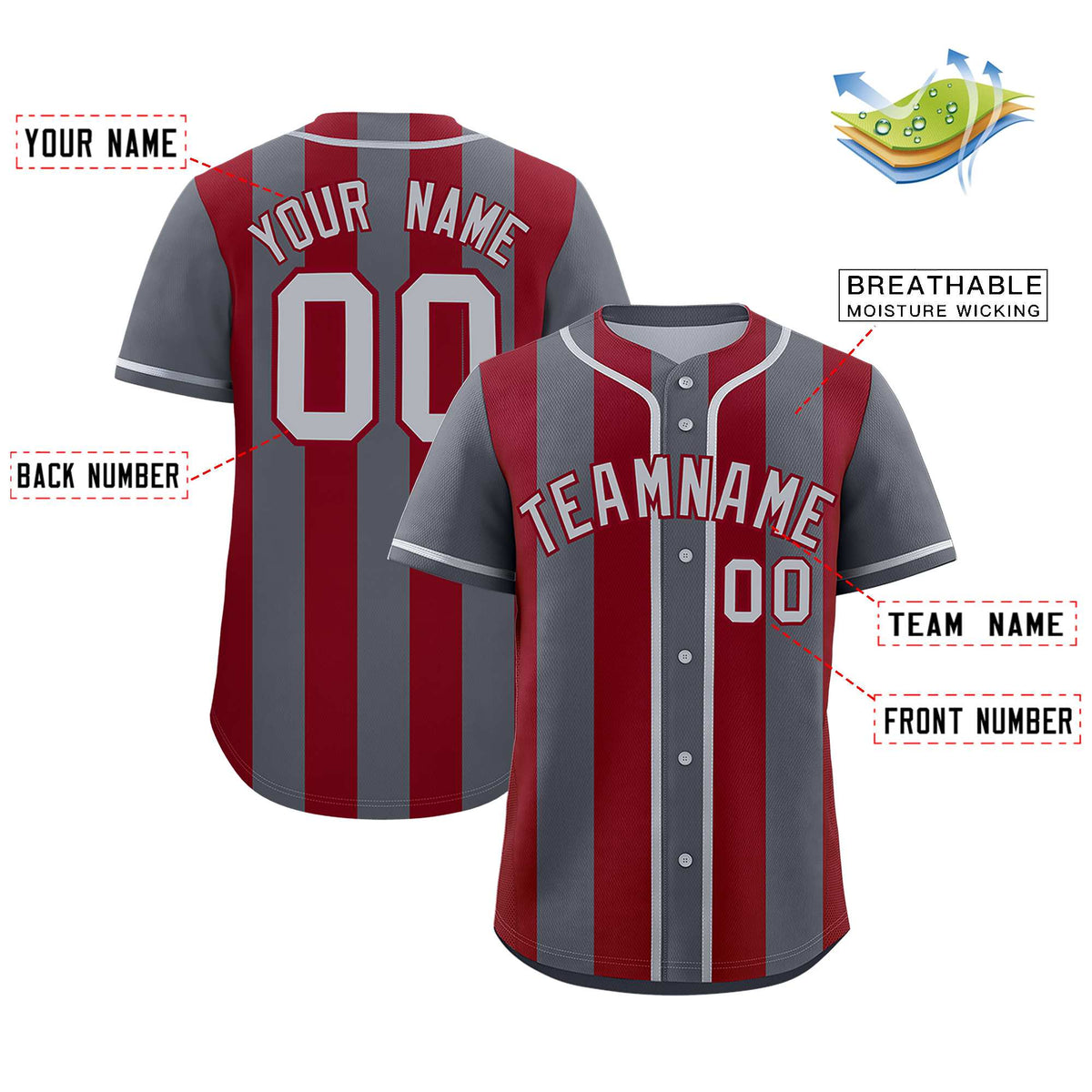 Custom Dark Gray Crimson Thick Stripe Fashion Authentic Baseball jersey | KXKSHOP
