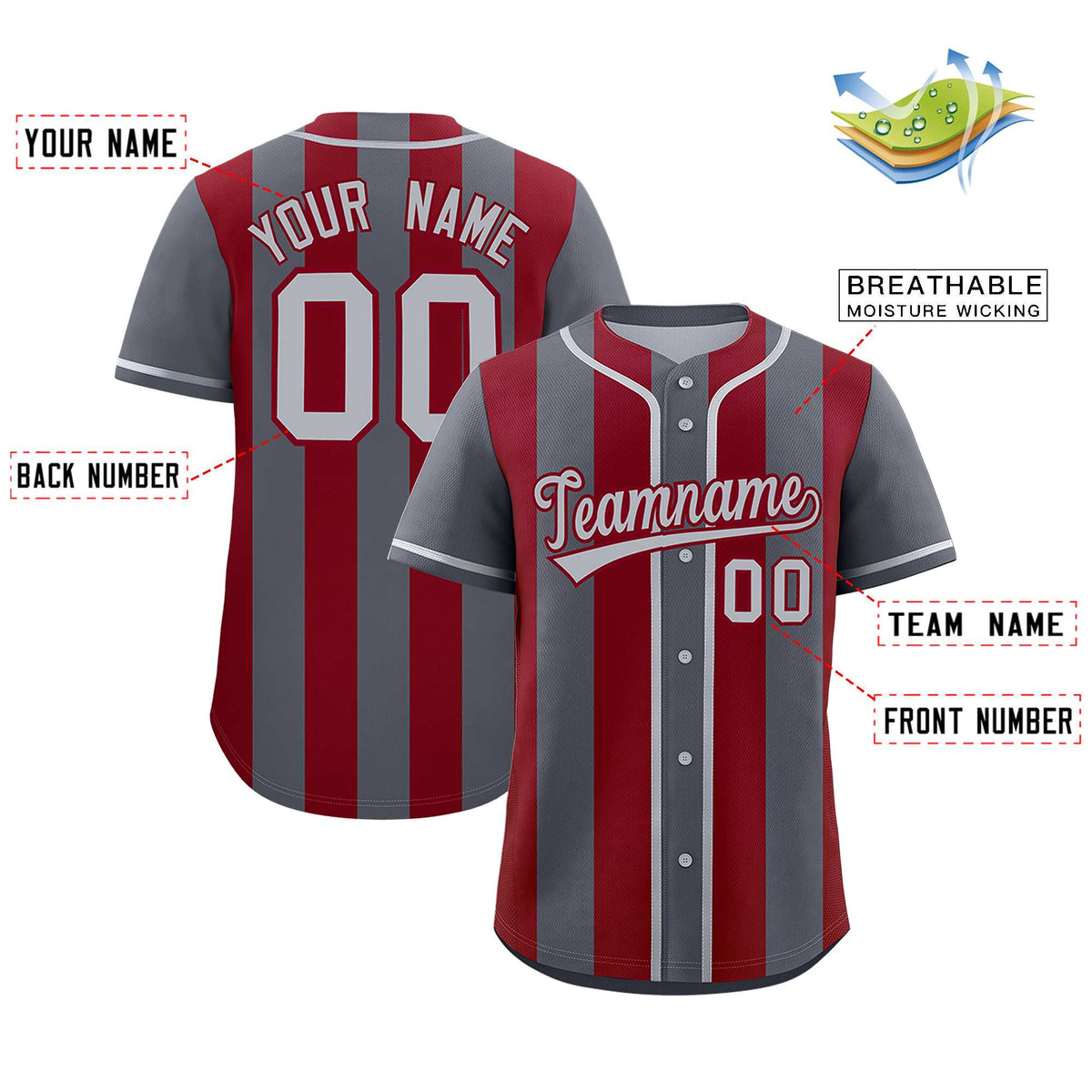 Custom Dark Gray Crimson Thick Stripe Fashion Authentic Baseball jersey | KXKSHOP