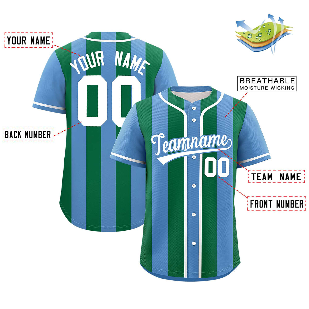 Custom Light Blue Kelly Green Thick Stripe Fashion Authentic Baseball jersey | KXKSHOP