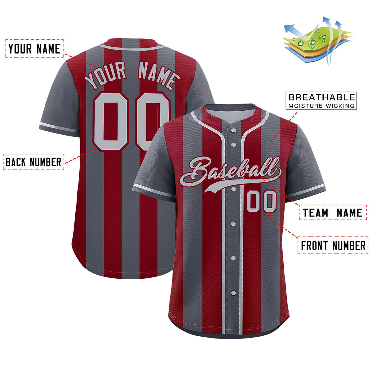 Custom Dark Gray Crimson Thick Stripe Fashion Authentic Baseball jersey | KXKSHOP