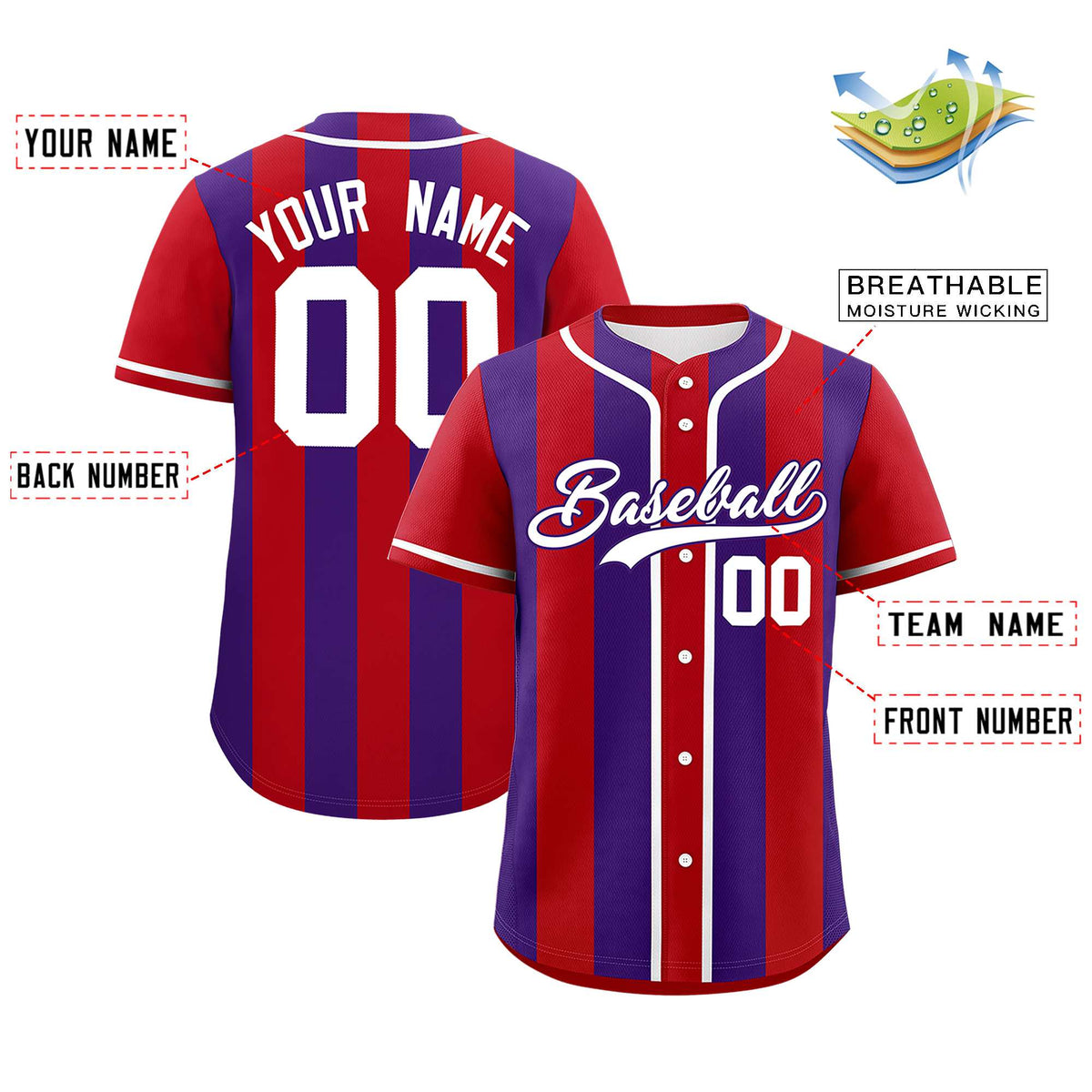 Custom Red Purple Thick Stripe Fashion Authentic Baseball jersey | KXKSHOP