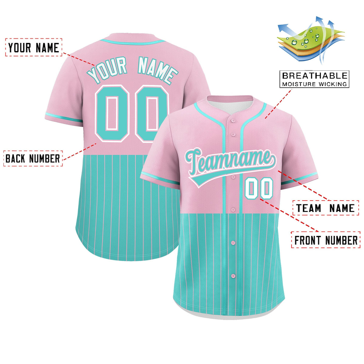 Custom Light Pink Bright Green Personalized Half Stripe Design Authentic Baseball Jersey