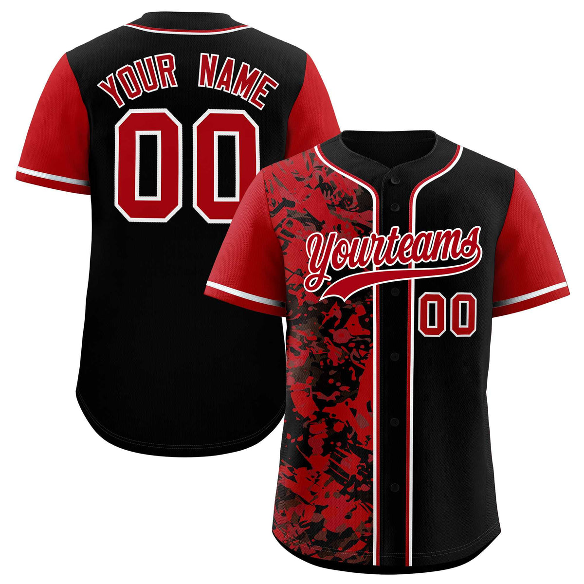 Custom Black Red Split Personalized Graffiti Raglan Sleeve Authentic Baseball Jersey