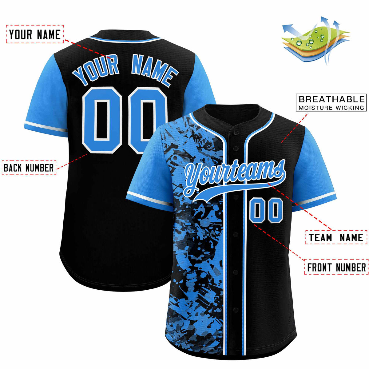 Custom Black Blue Split Personalized Graffiti Raglan Sleeve Authentic Baseball Jersey