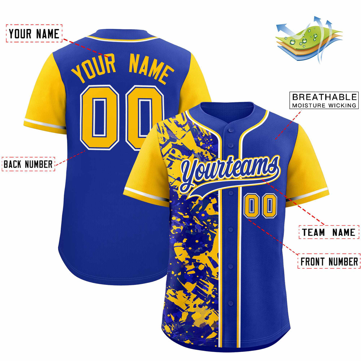 Custom Royal Yellow Split Personalized Graffiti Raglan Sleeve Authentic Baseball Jersey