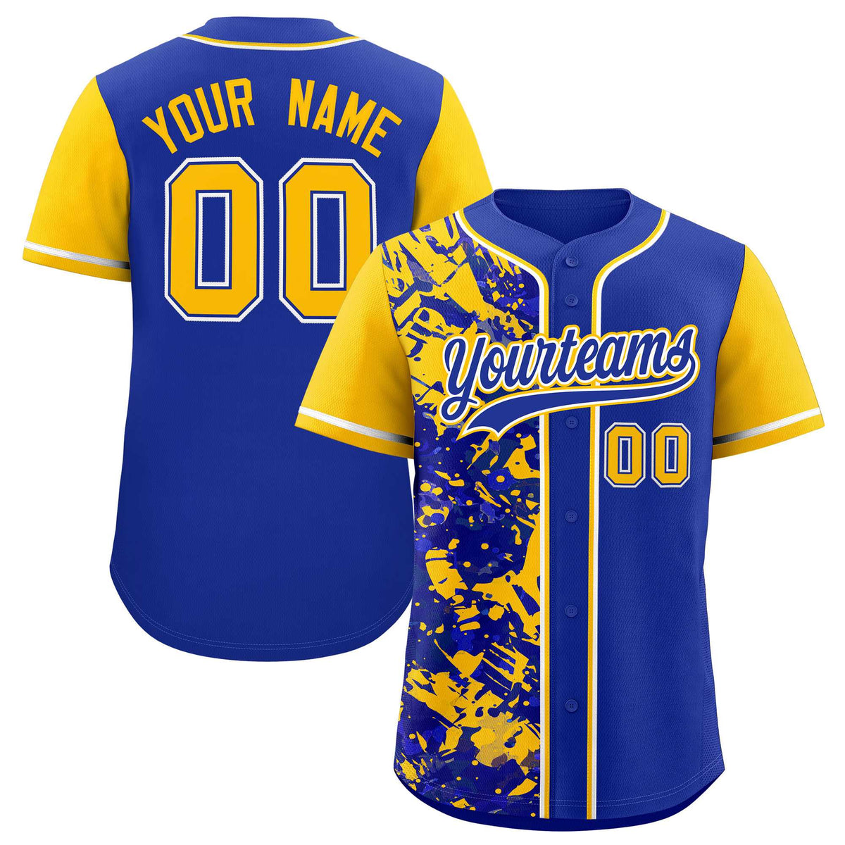 Custom Royal Yellow Split Personalized Graffiti Raglan Sleeve Authentic Baseball Jersey