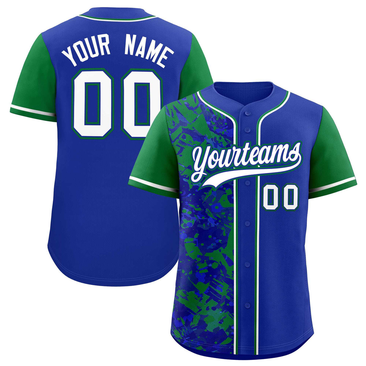 Custom Royal Green Split Personalized Graffiti Raglan Sleeve Authentic Baseball Jersey