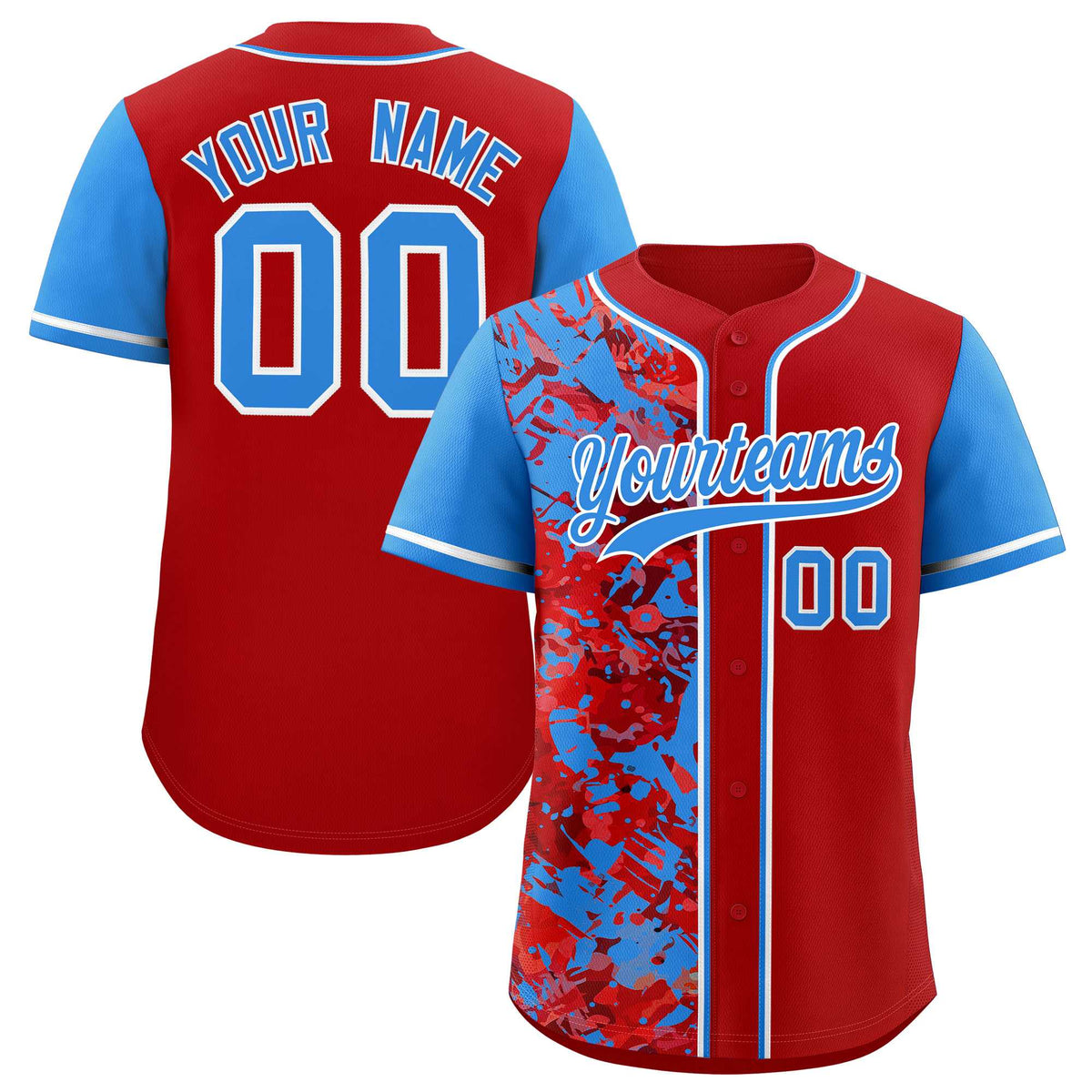 Custom Red Blue Split Personalized Graffiti Raglan Sleeve Authentic Baseball Jersey