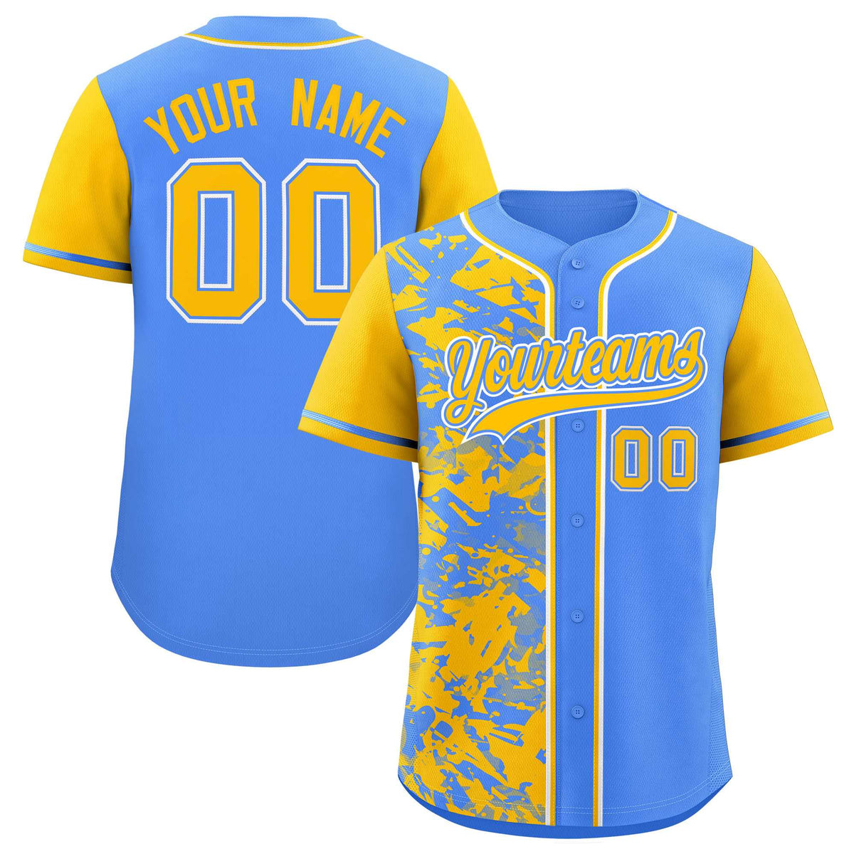 Custom Blue Yellow Split Personalized Graffiti Raglan Sleeve Authentic Baseball Jersey