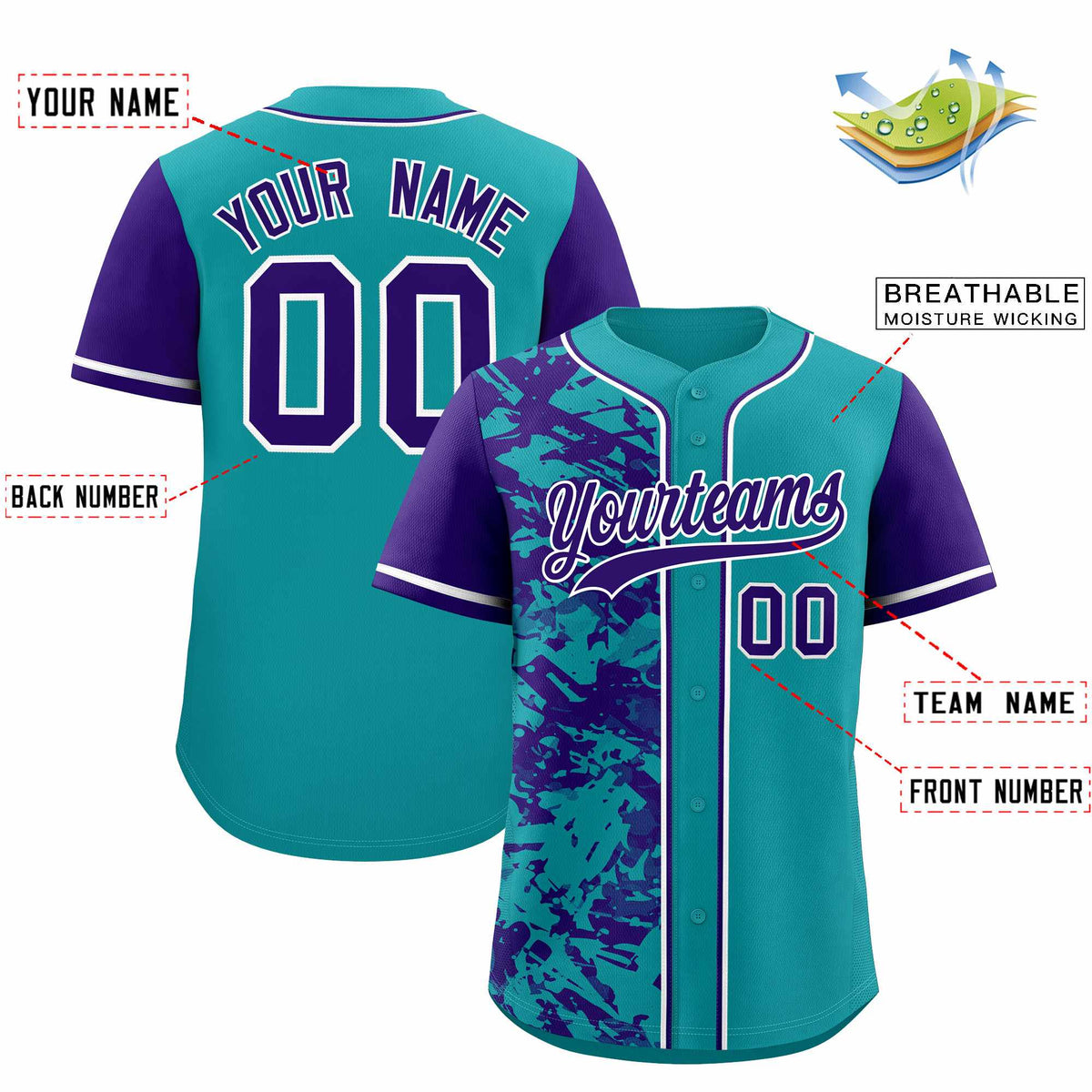 Custom Teal Purple Split Personalized Graffiti Raglan Sleeve Authentic Baseball Jersey