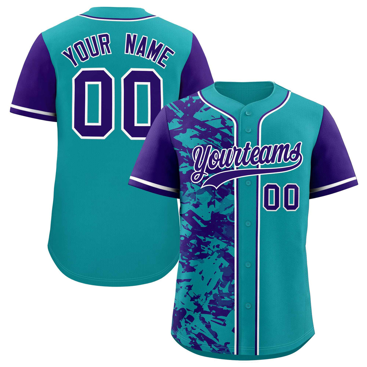 Custom Teal Purple Split Personalized Graffiti Raglan Sleeve Authentic Baseball Jersey