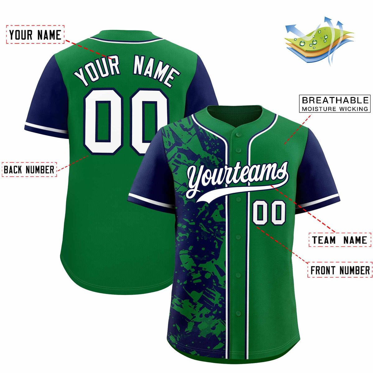 Custom Green Navy Split Personalized Graffiti Raglan Sleeve Authentic Baseball Jersey