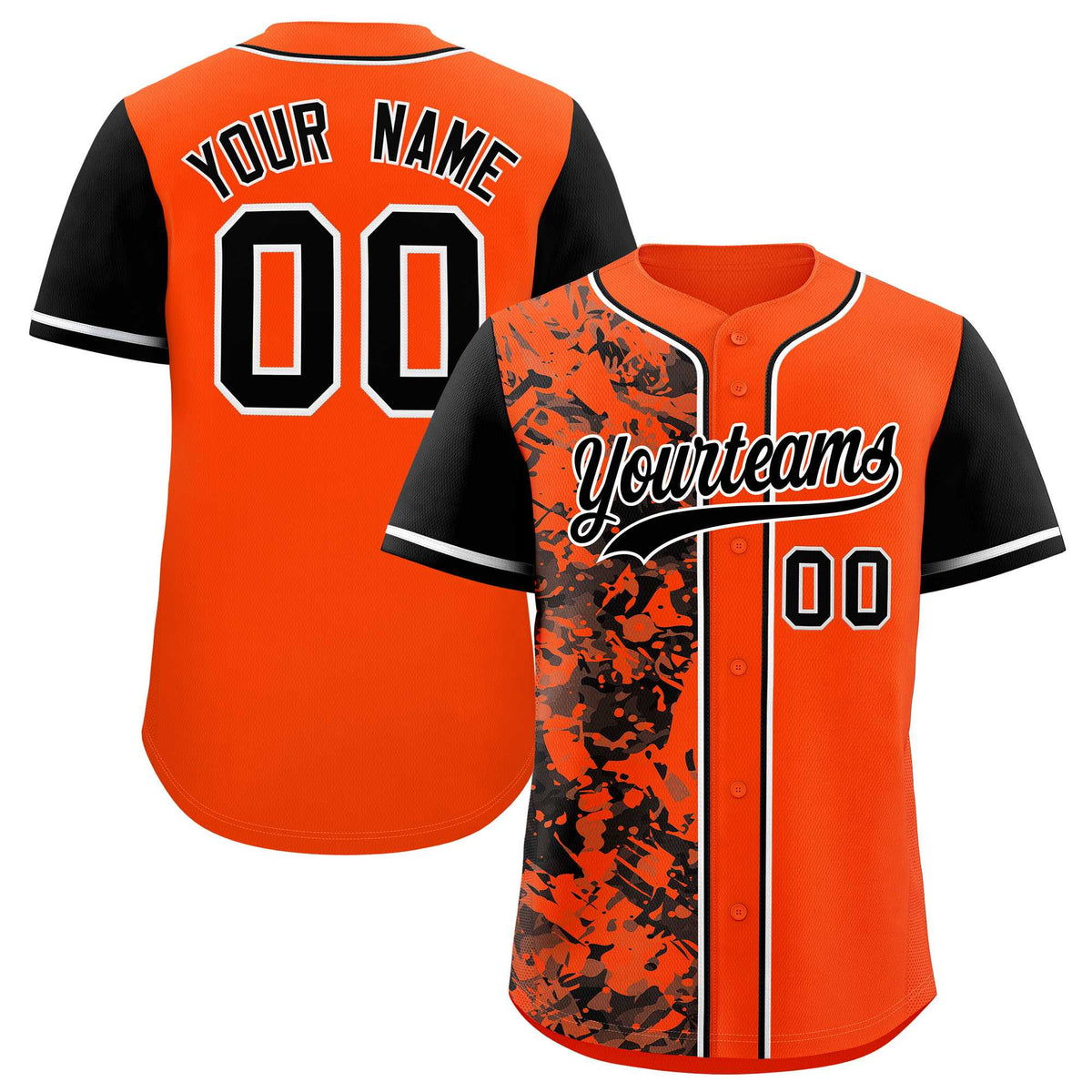 Custom Orange Black Split Personalized Graffiti Raglan Sleeve Authentic Baseball Jersey