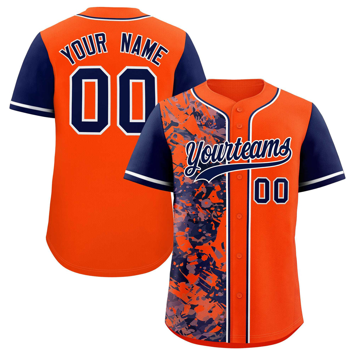Custom Orange Navy Split Personalized Graffiti Raglan Sleeve Authentic Baseball Jersey