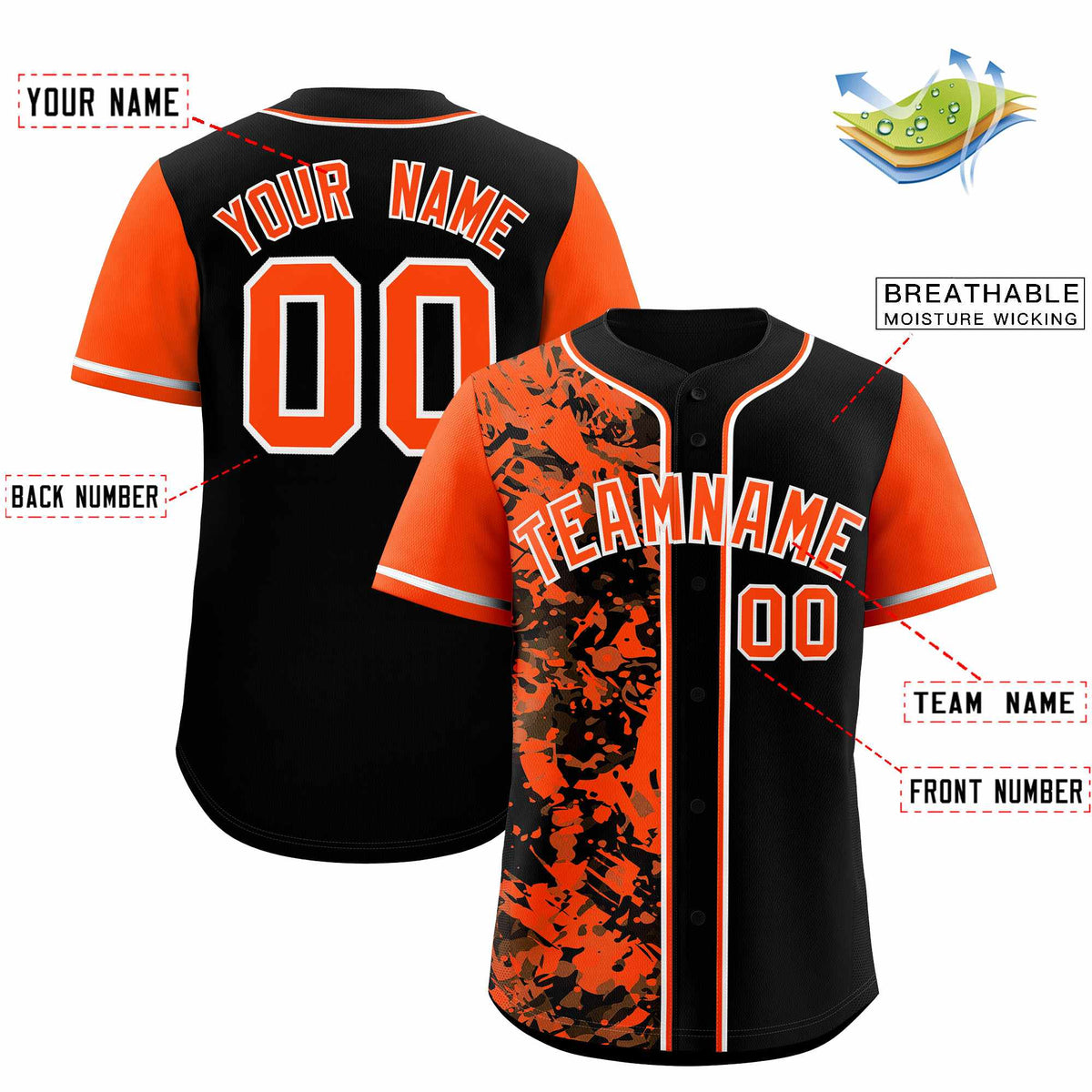 Custom Black Orange Split Personalized Graffiti Raglan Sleeve Authentic Baseball Jersey