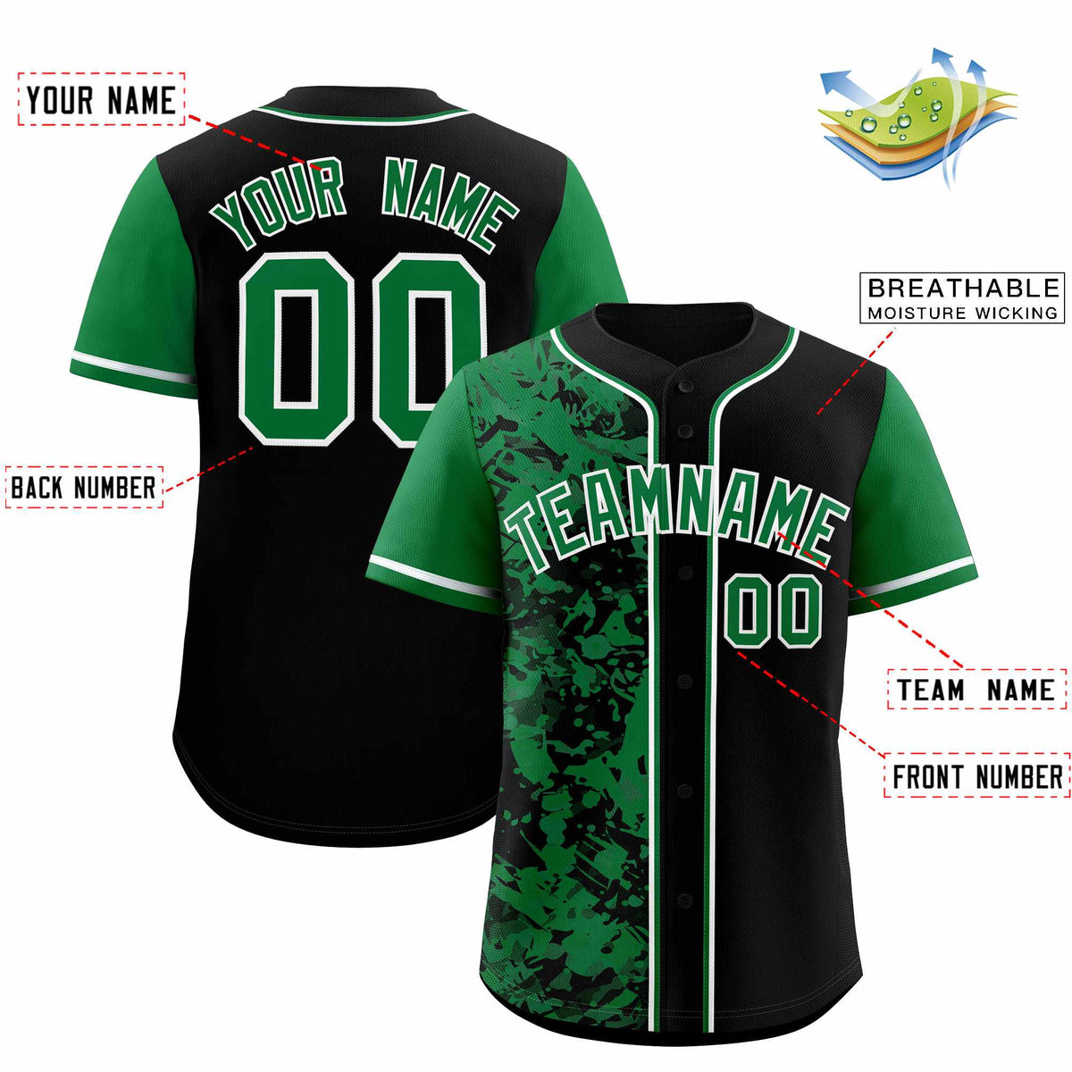 Custom Black Green Split Personalized Graffiti Raglan Sleeve Authentic Baseball Jersey