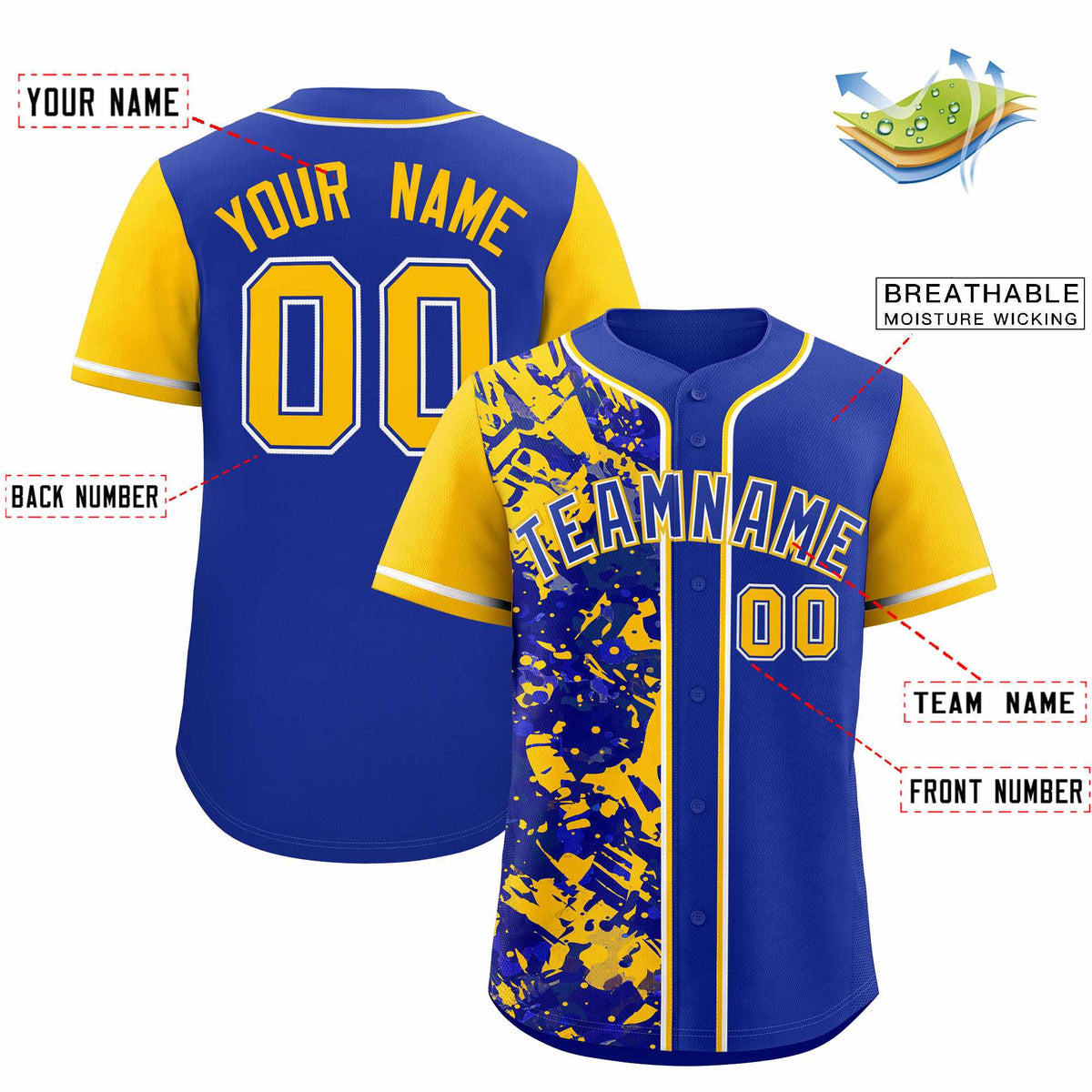 Custom Royal Yellow Split Personalized Graffiti Raglan Sleeve Authentic Baseball Jersey