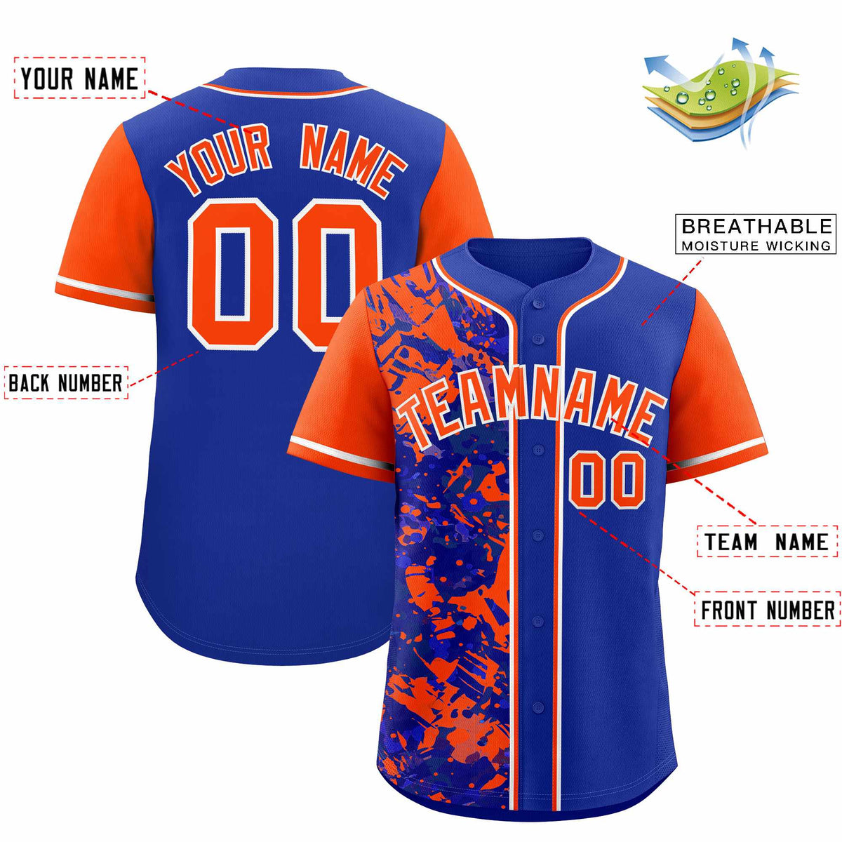 Custom Royal Orange Split Personalized Graffiti Raglan Sleeve Authentic Baseball Jersey