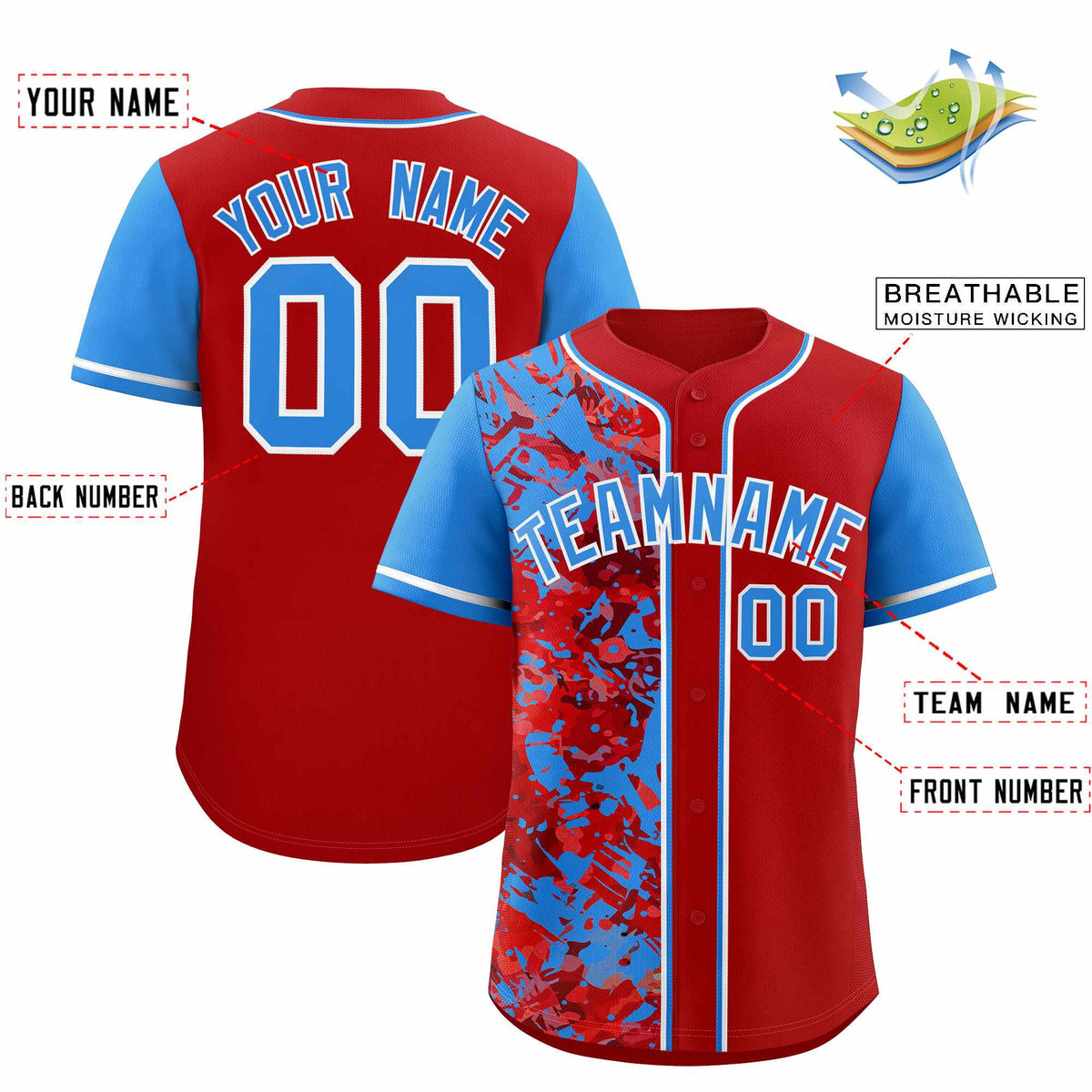 Custom Red Blue Split Personalized Graffiti Raglan Sleeve Authentic Baseball Jersey