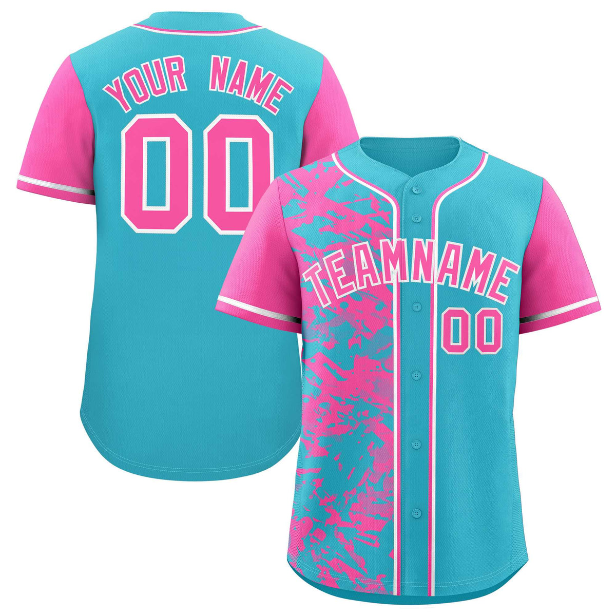 Custom Sky Blue Pink Split Personalized Graffiti Raglan Sleeve Authentic Baseball Jersey