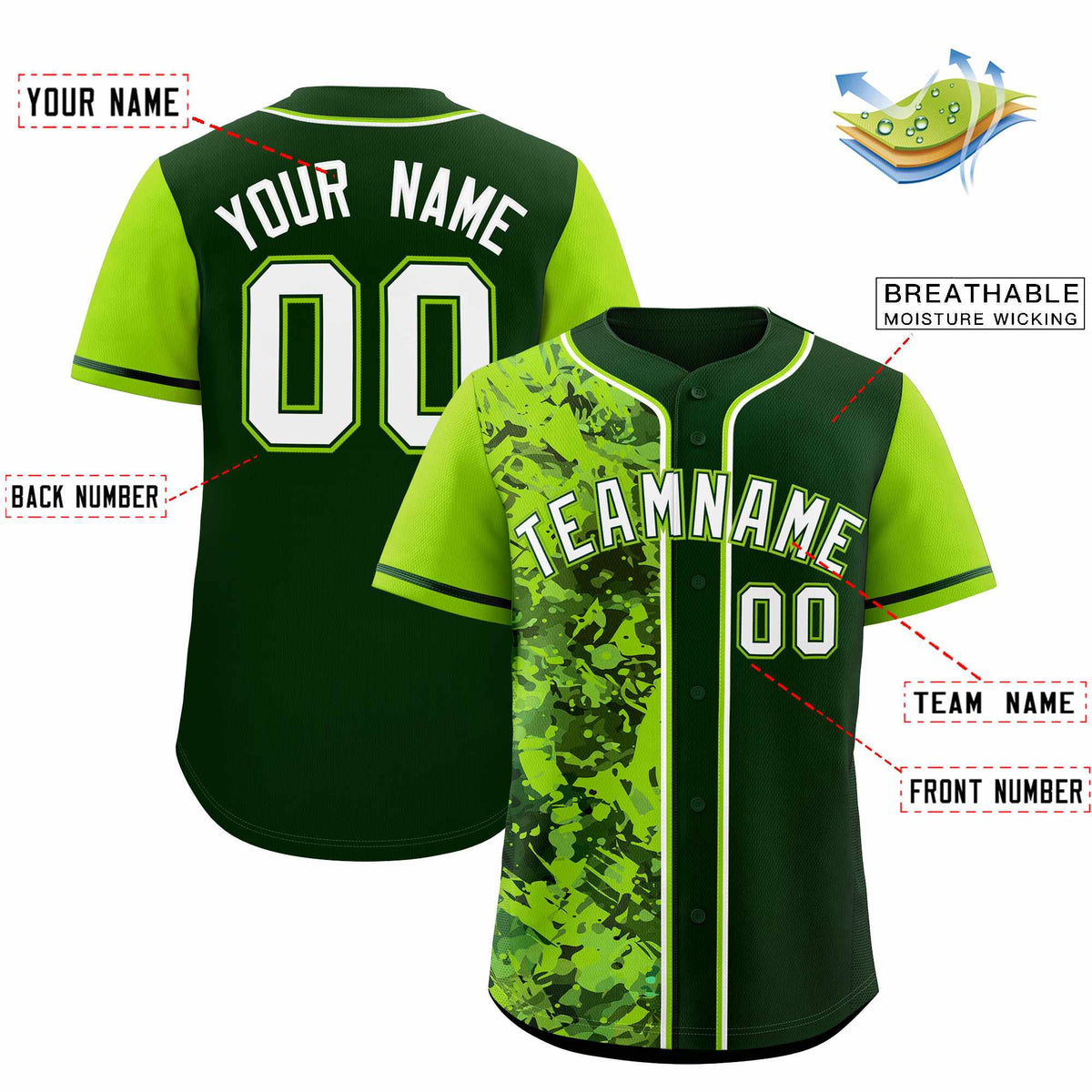Custom Green Neon Green Split Personalized Graffiti Raglan Sleeve Authentic Baseball Jersey