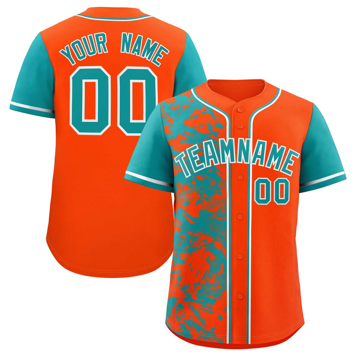 Custom Orange Aqua Split Personalized Graffiti Raglan Sleeve Authentic Baseball Jersey