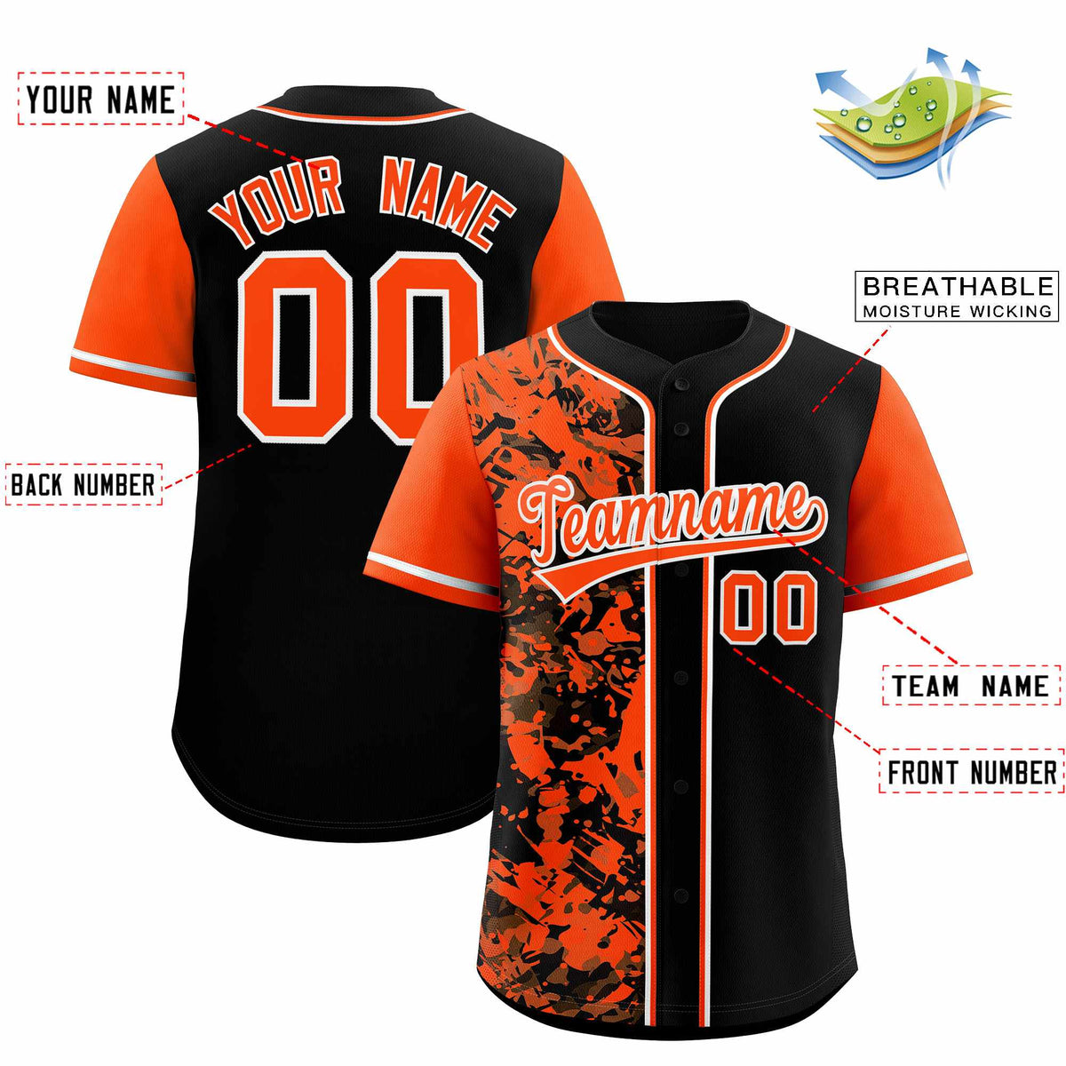 Custom Black Orange Split Personalized Graffiti Raglan Sleeve Authentic Baseball Jersey