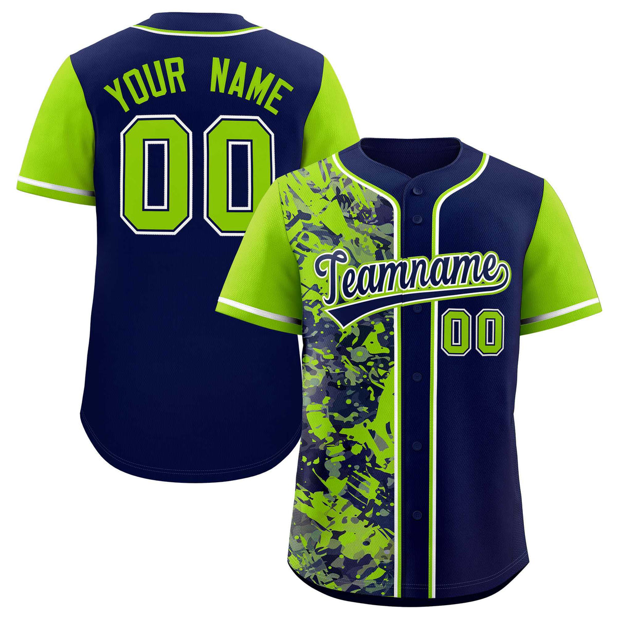 Custom Navy Neon Green Split Personalized Graffiti Raglan Sleeve Authentic Baseball Jersey