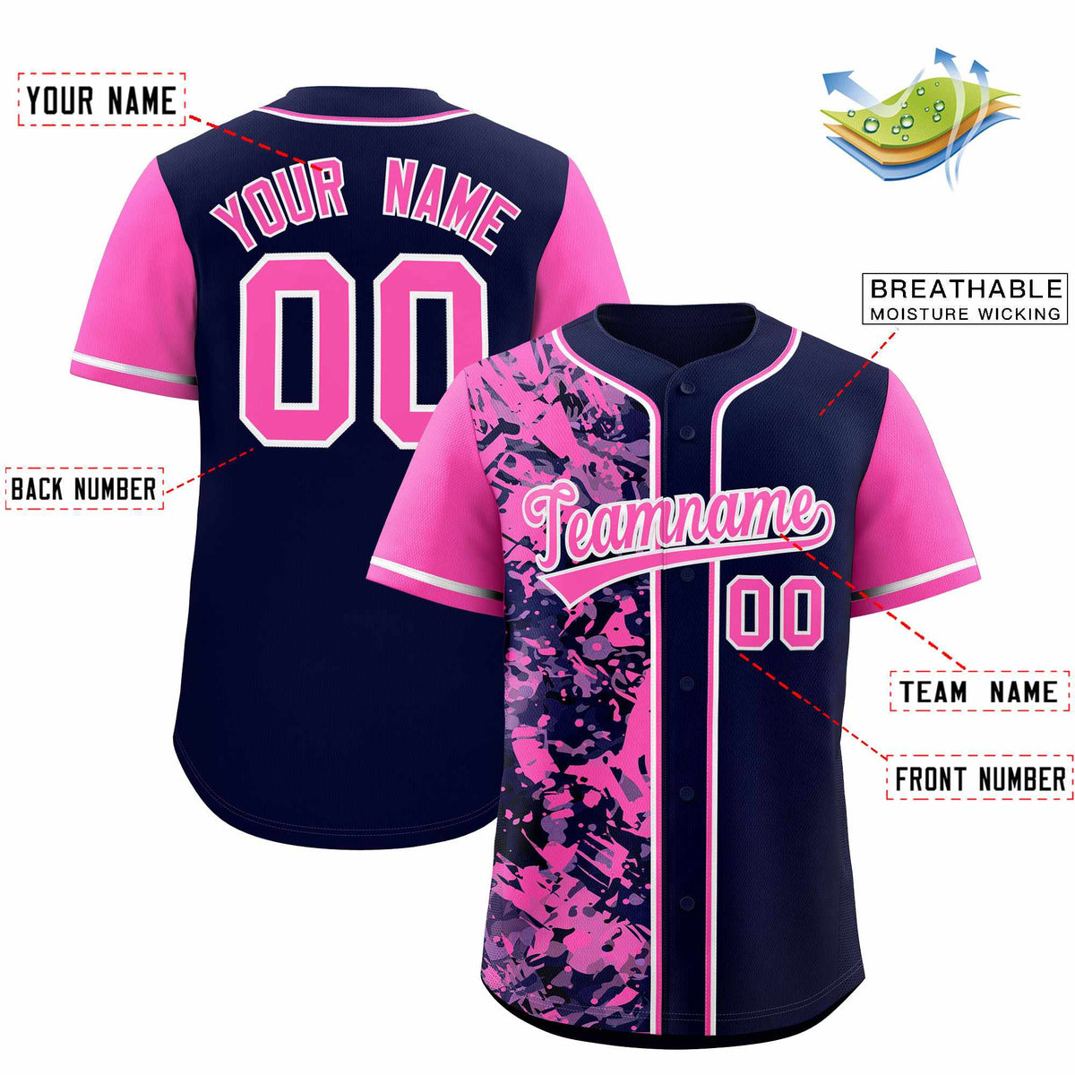 Custom Navy Pink Split Personalized Graffiti Raglan Sleeve Authentic Baseball Jersey